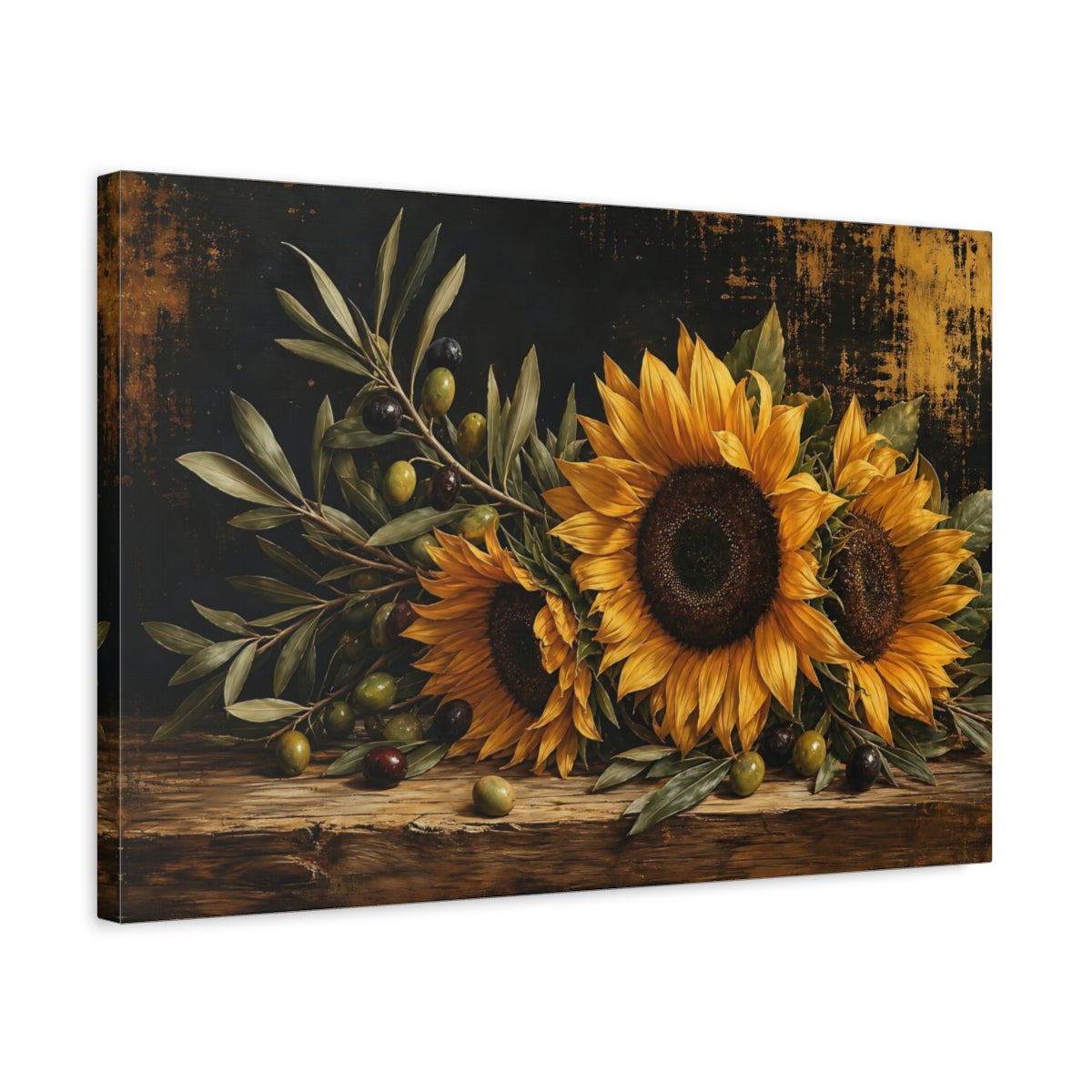 Side Mockup 3. Floral Sunflowers Dark Floral Still Life shown as stretched canvas wall art