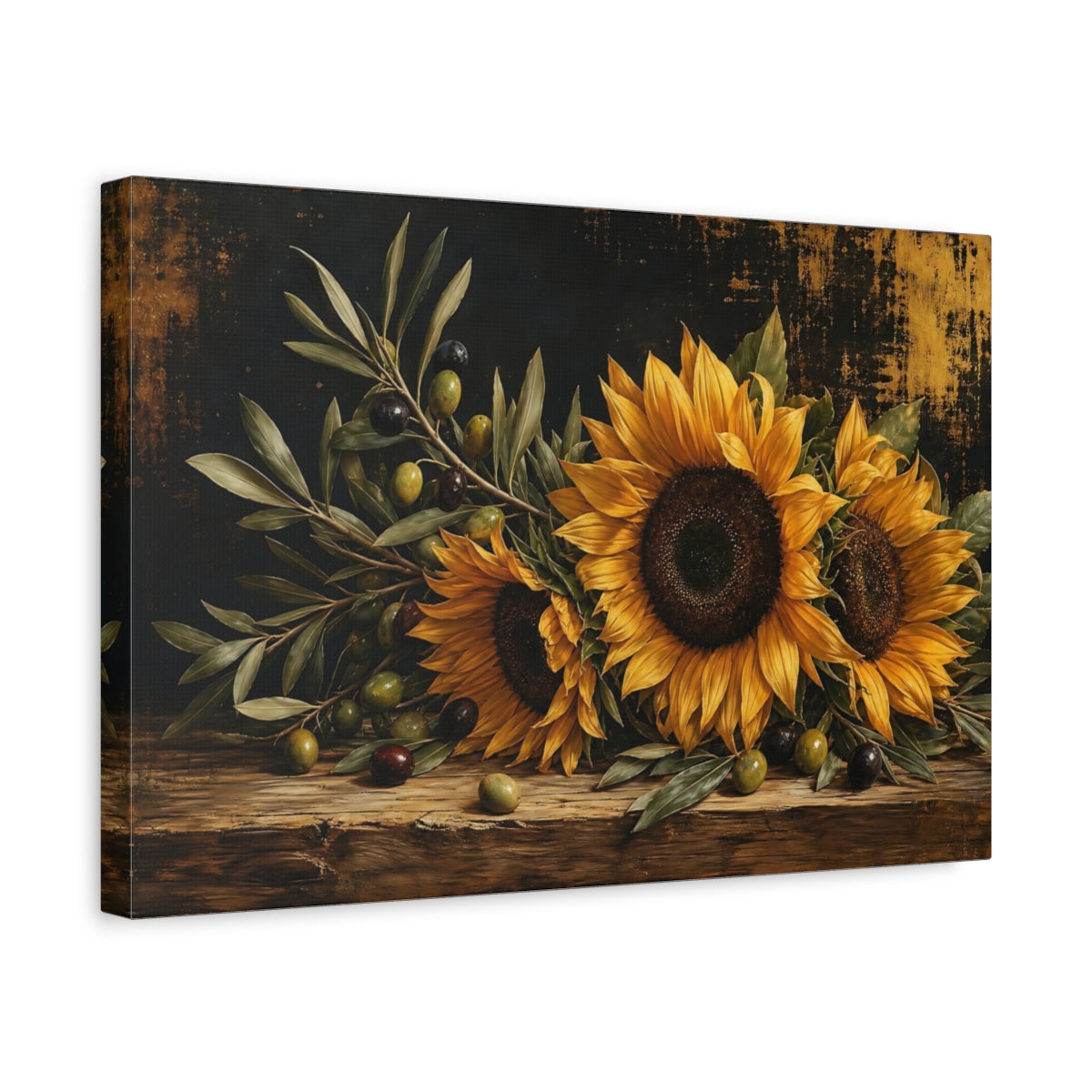 Side Mockup 4. Floral Sunflowers Dark Floral Still Life shown as stretched canvas wall art
