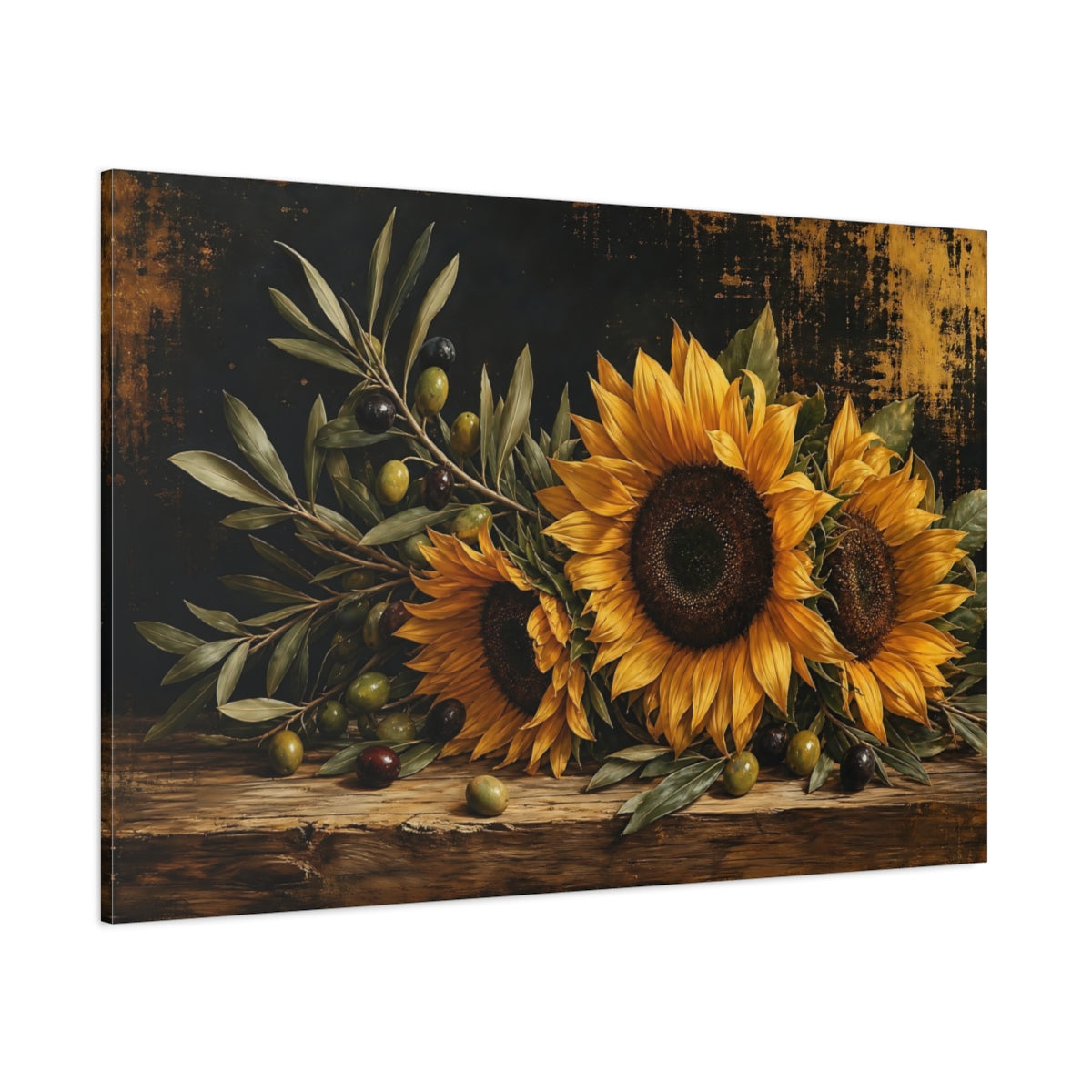 Side Mockup 1. Floral Sunflowers Dark Floral Still Life shown as stretched canvas wall art
