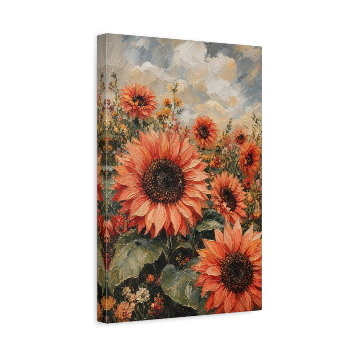Side Mockup 4. Floral Sunflowers Orange Sunflower Field shown as stretched canvas wall art