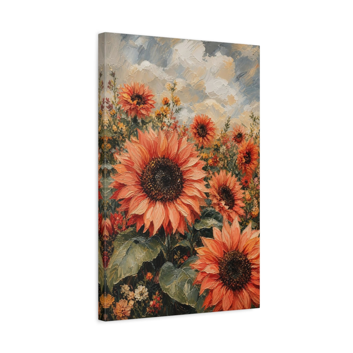 Side Mockup 3. Floral Sunflowers Orange Sunflower Field shown as stretched canvas wall art