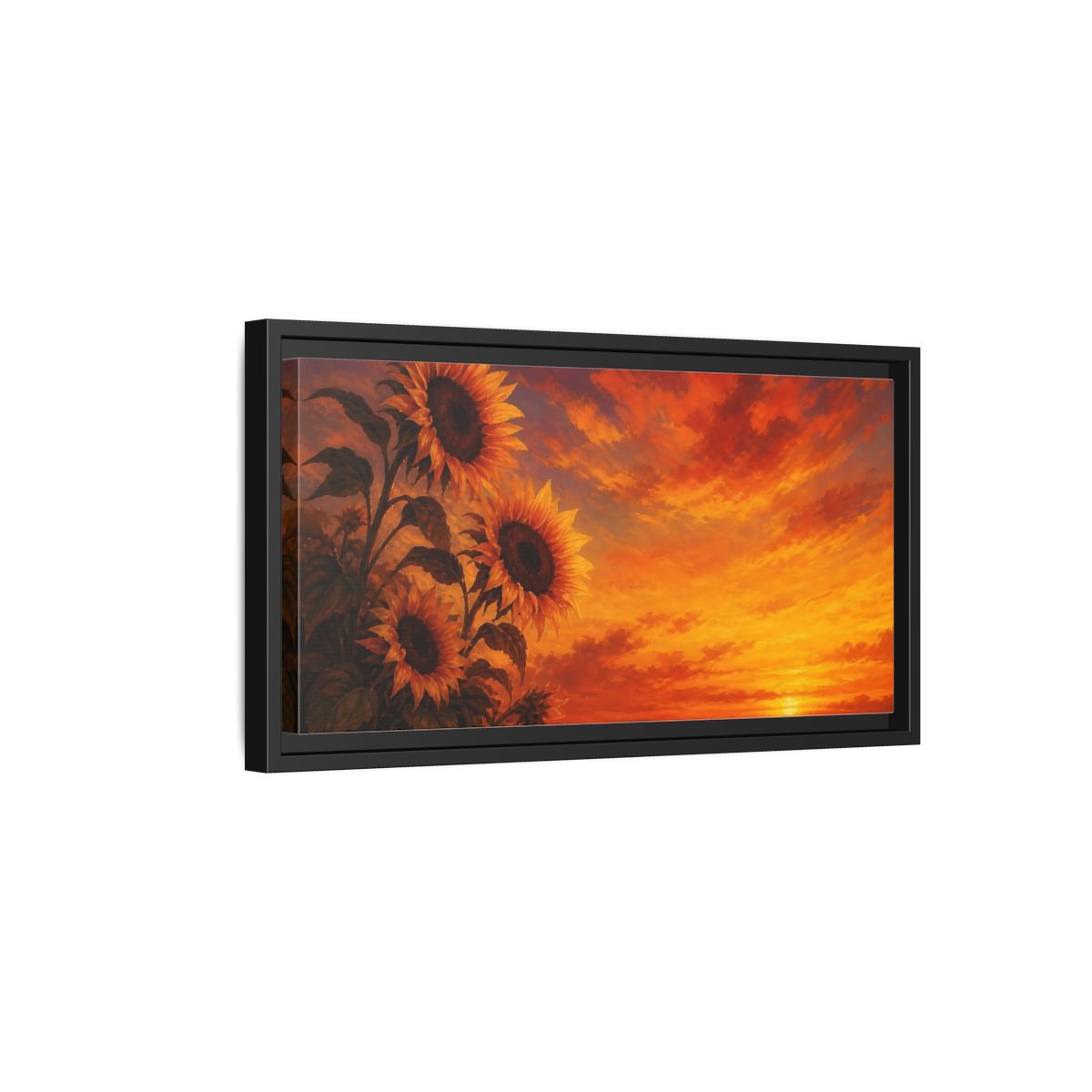 Side Mockup 8. Floral Sunflowers Orange Sunflowers shown as stretched canvas wall art