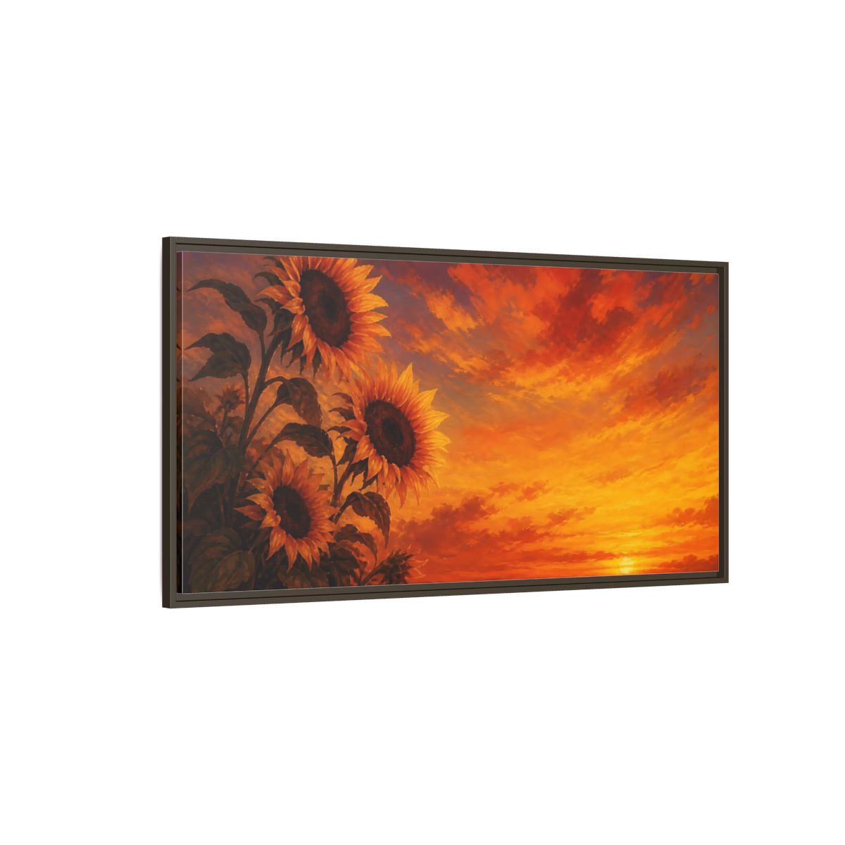 Side Mockup 4. Floral Sunflowers Orange Sunflowers shown as stretched canvas wall art