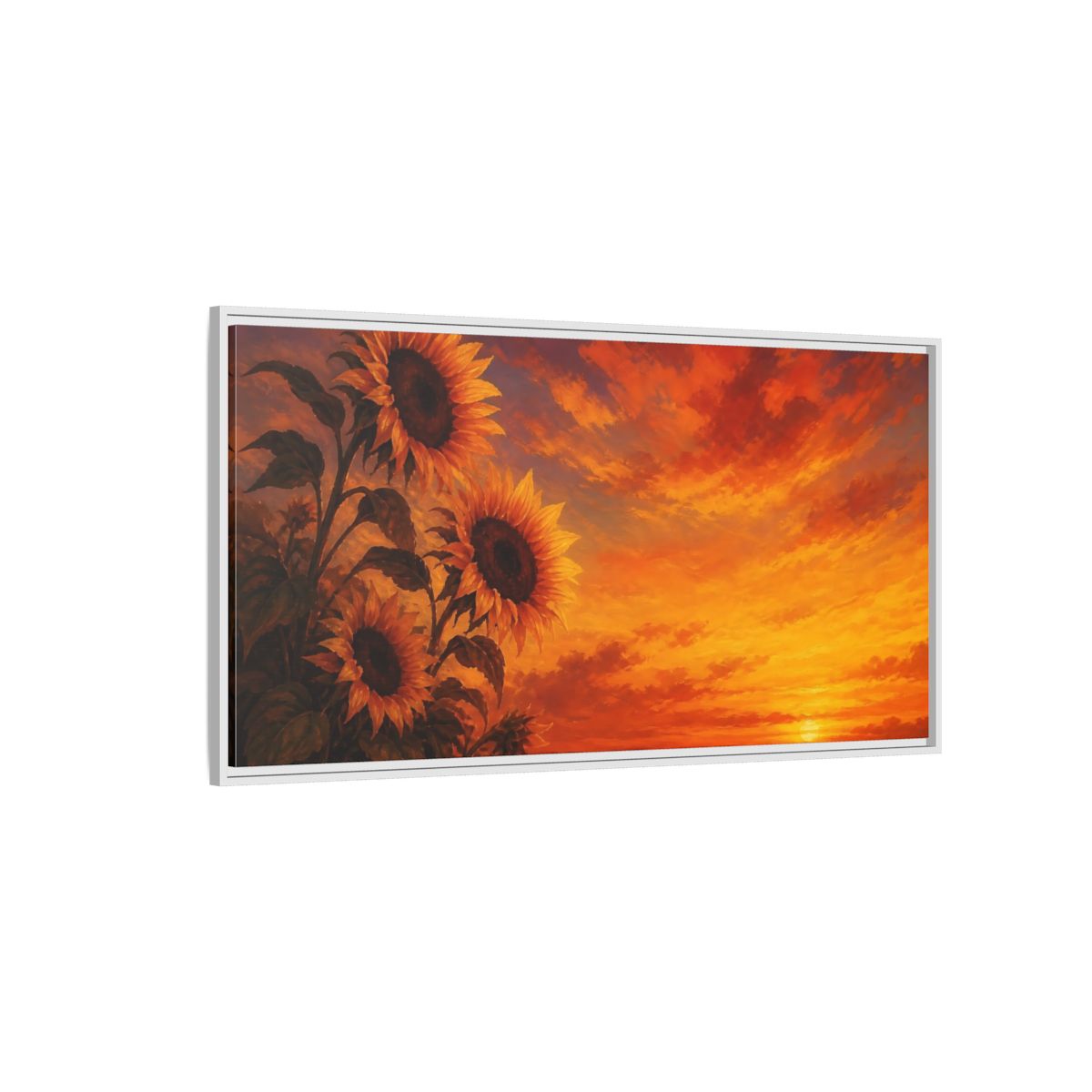 Side Mockup 3. Floral Sunflowers Orange Sunflowers shown as stretched canvas wall art