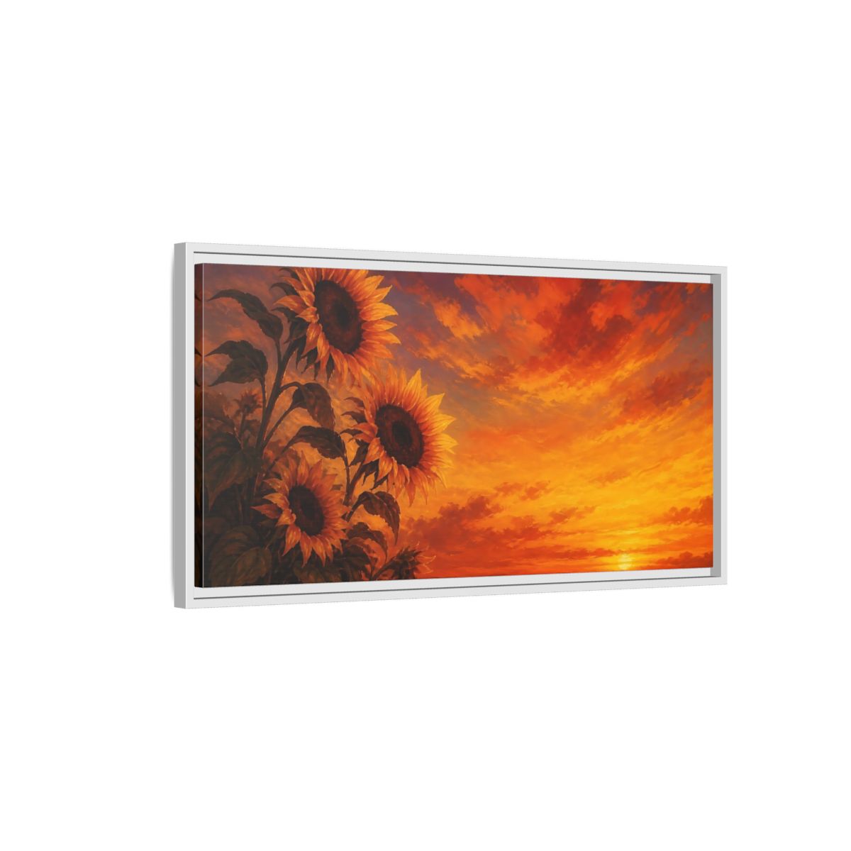 Side Mockup 1. Floral Sunflowers Orange Sunflowers shown as stretched canvas wall art