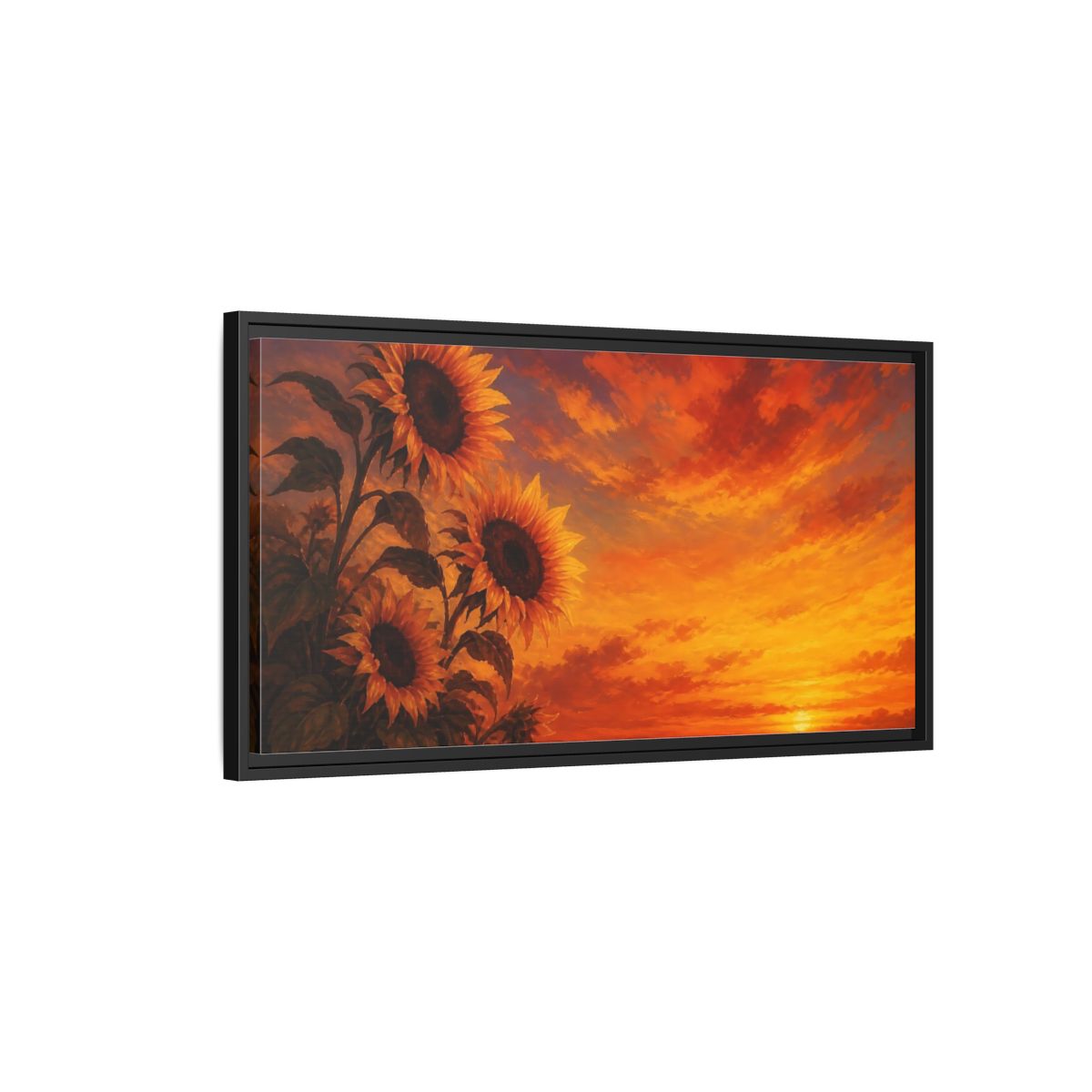 Side Mockup 2. Floral Sunflowers Orange Sunflowers shown as stretched canvas wall art