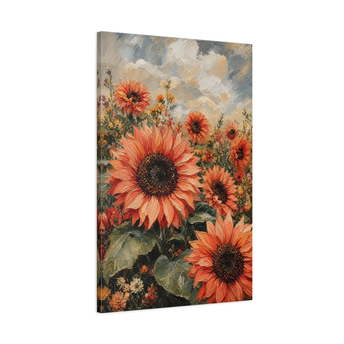 Main Mockup. Floral Sunflowers Orange Sunflower Field shown as stretched canvas wall art
