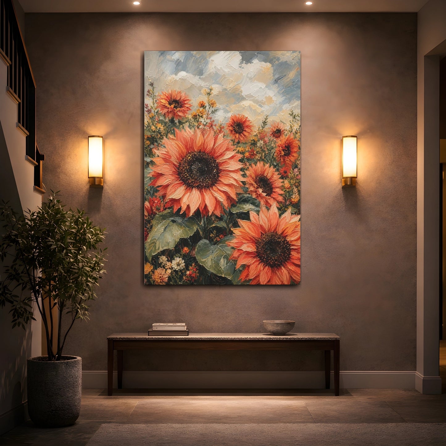 Mockup 2. Floral Sunflowers Orange Sunflower Field shown as stretched canvas wall art