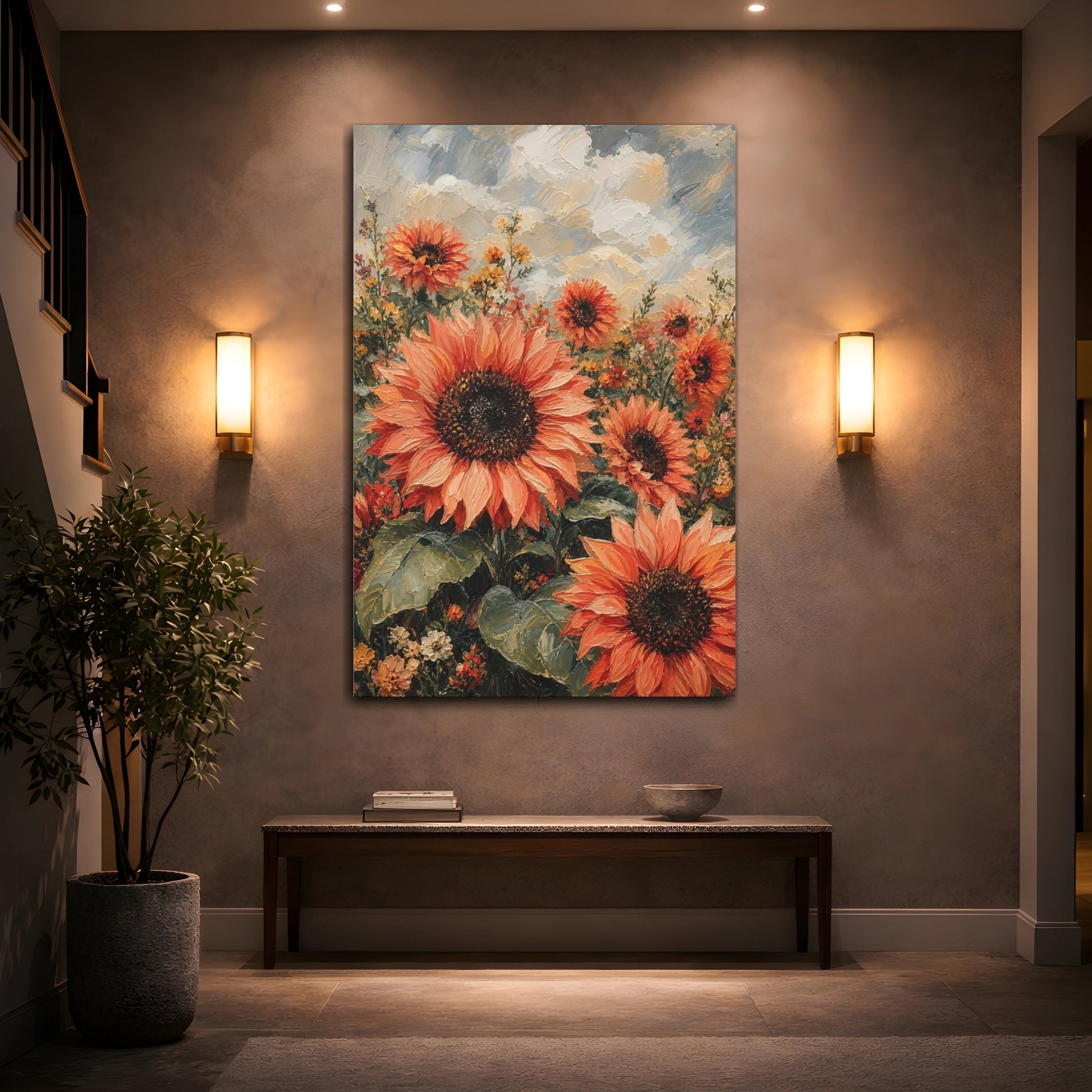 Mockup 2. Floral Sunflowers Orange Sunflower Field shown as stretched canvas wall art