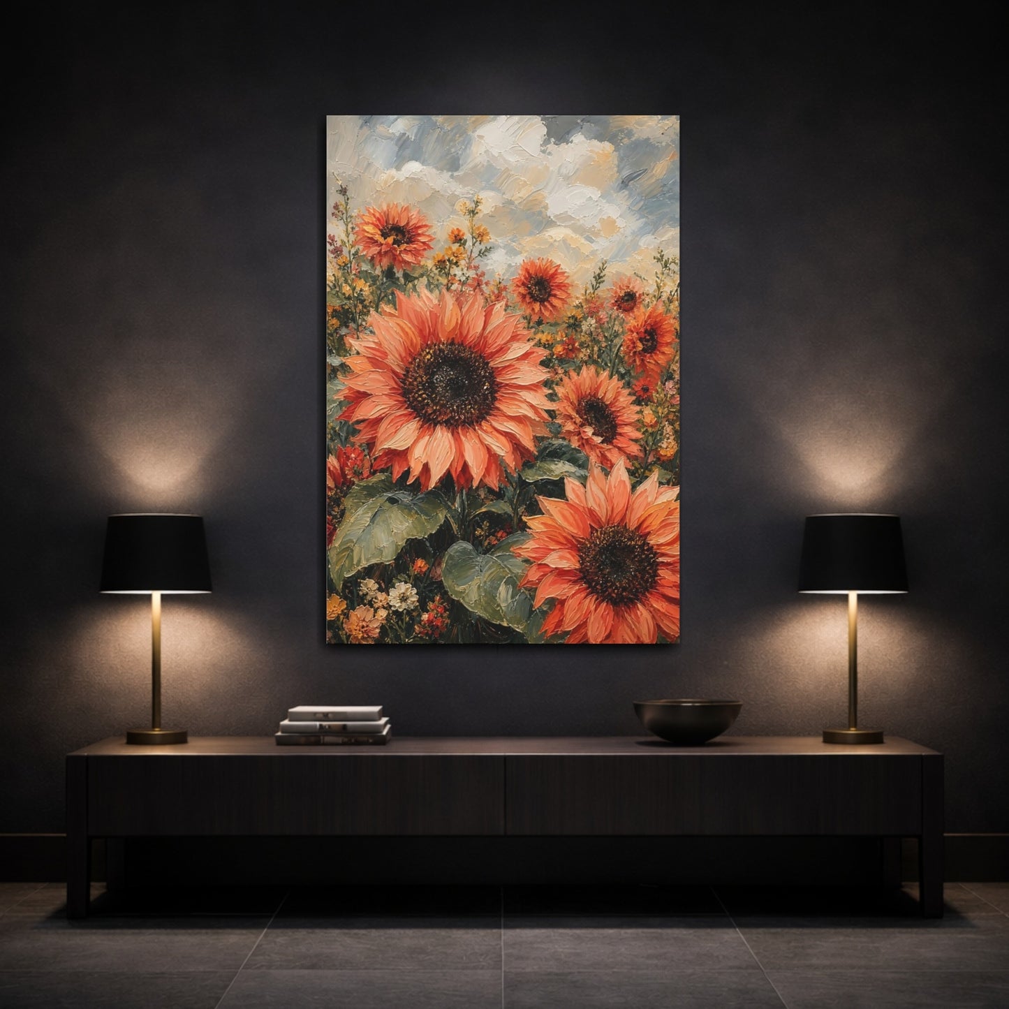 Mockup 3. Floral Sunflowers Orange Sunflower Field shown as stretched canvas wall art