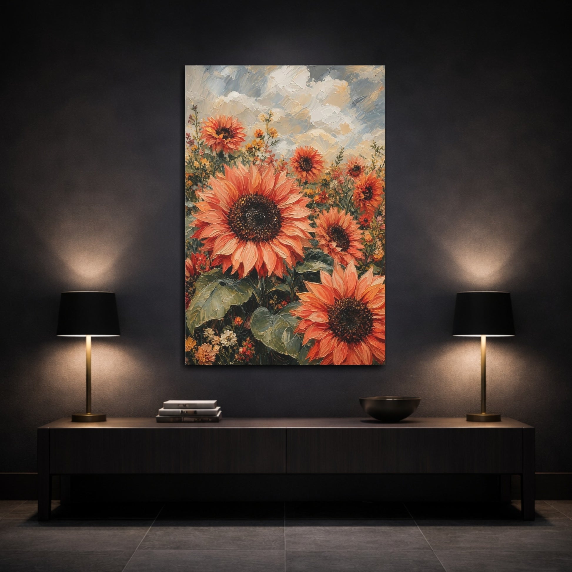 Mockup 3. Floral Sunflowers Orange Sunflower Field shown as stretched canvas wall art