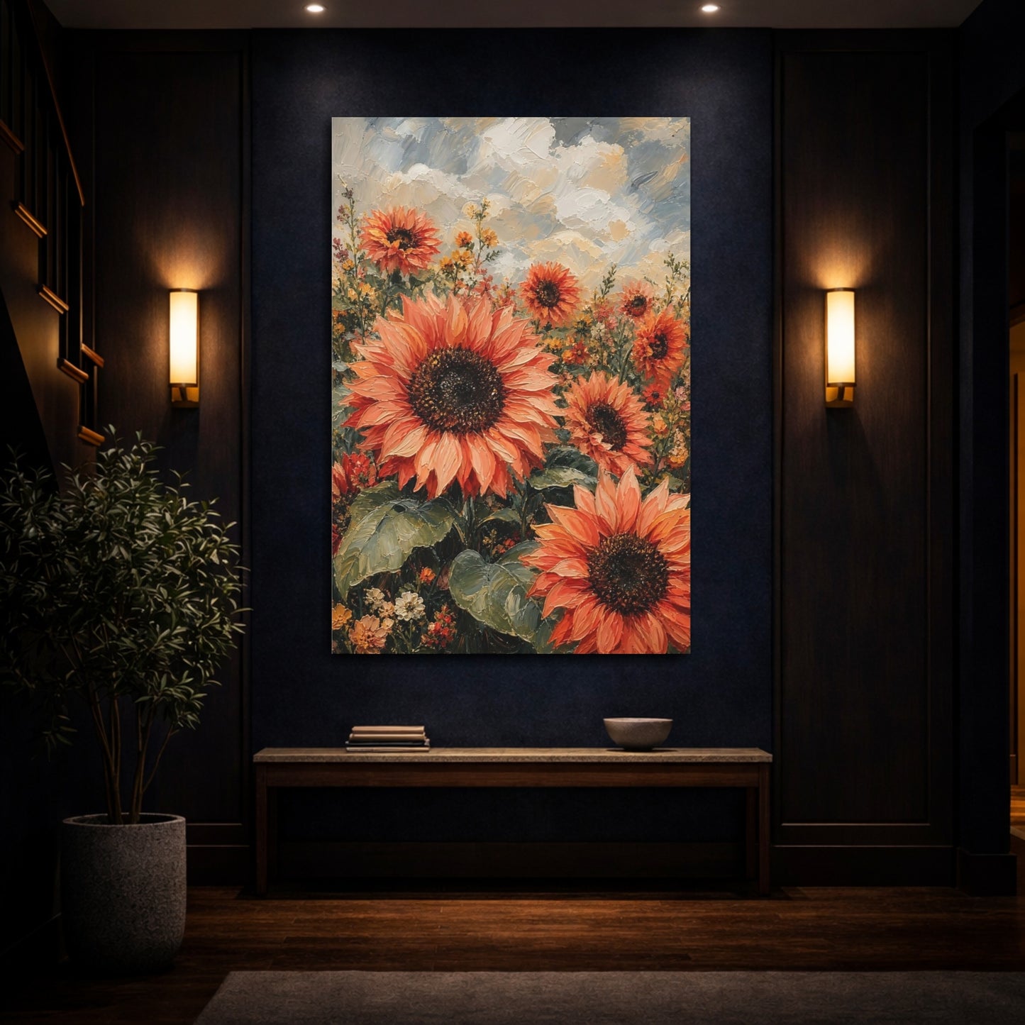 Mockup 4. Floral Sunflowers Orange Sunflower Field shown as stretched canvas wall art