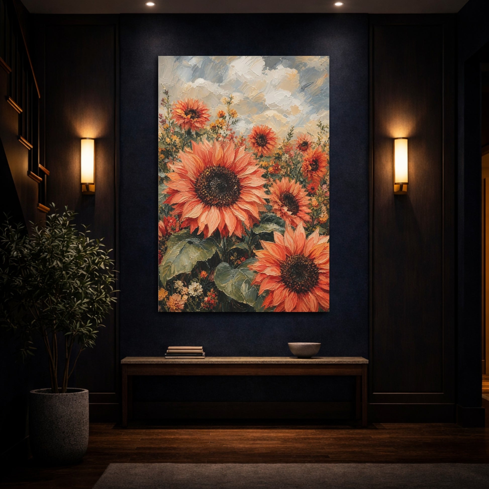 Mockup 4. Floral Sunflowers Orange Sunflower Field shown as stretched canvas wall art