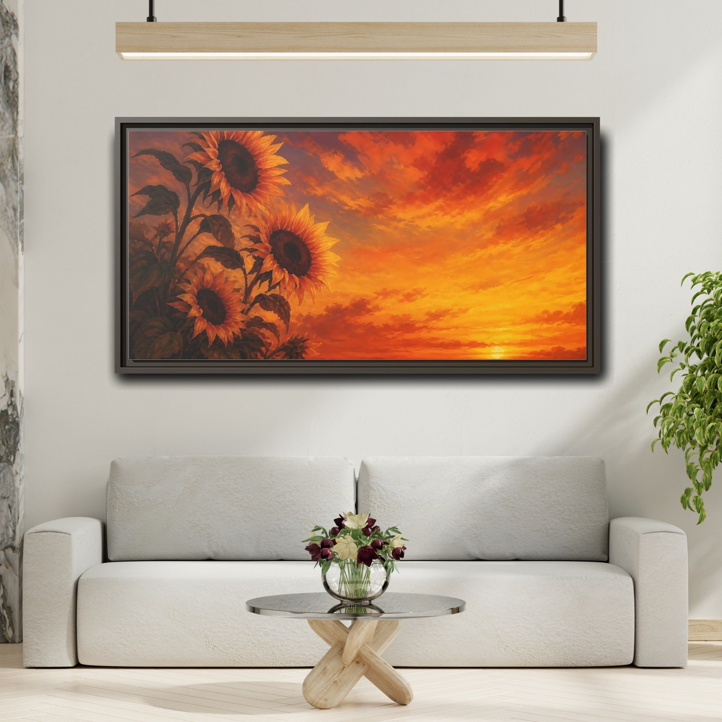 Mockup 2. Floral Sunflowers Orange Sunflowers shown as stretched canvas wall art