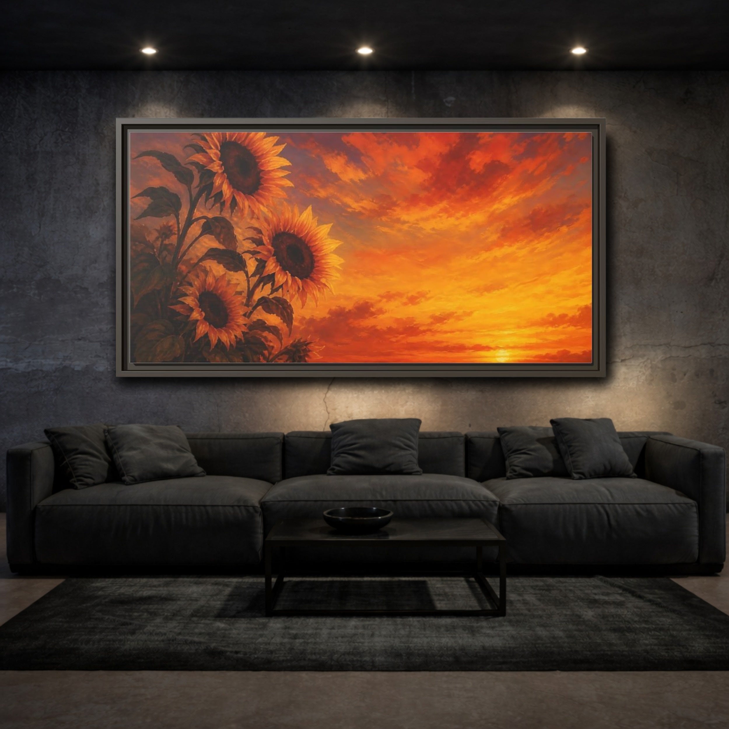 Mockup 3. Floral Sunflowers Orange Sunflowers shown as stretched canvas wall art
