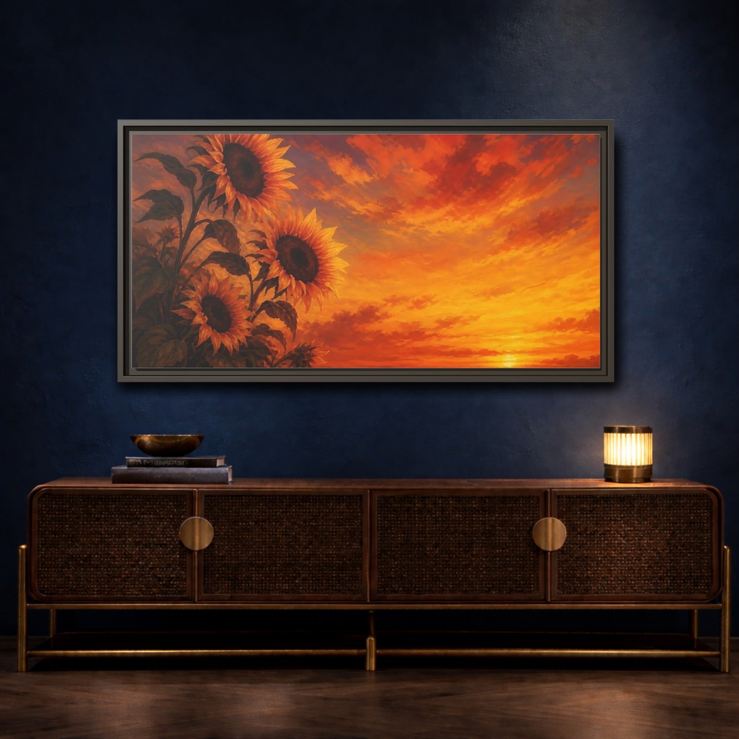 Mockup 4. Floral Sunflowers Orange Sunflowers shown as stretched canvas wall art