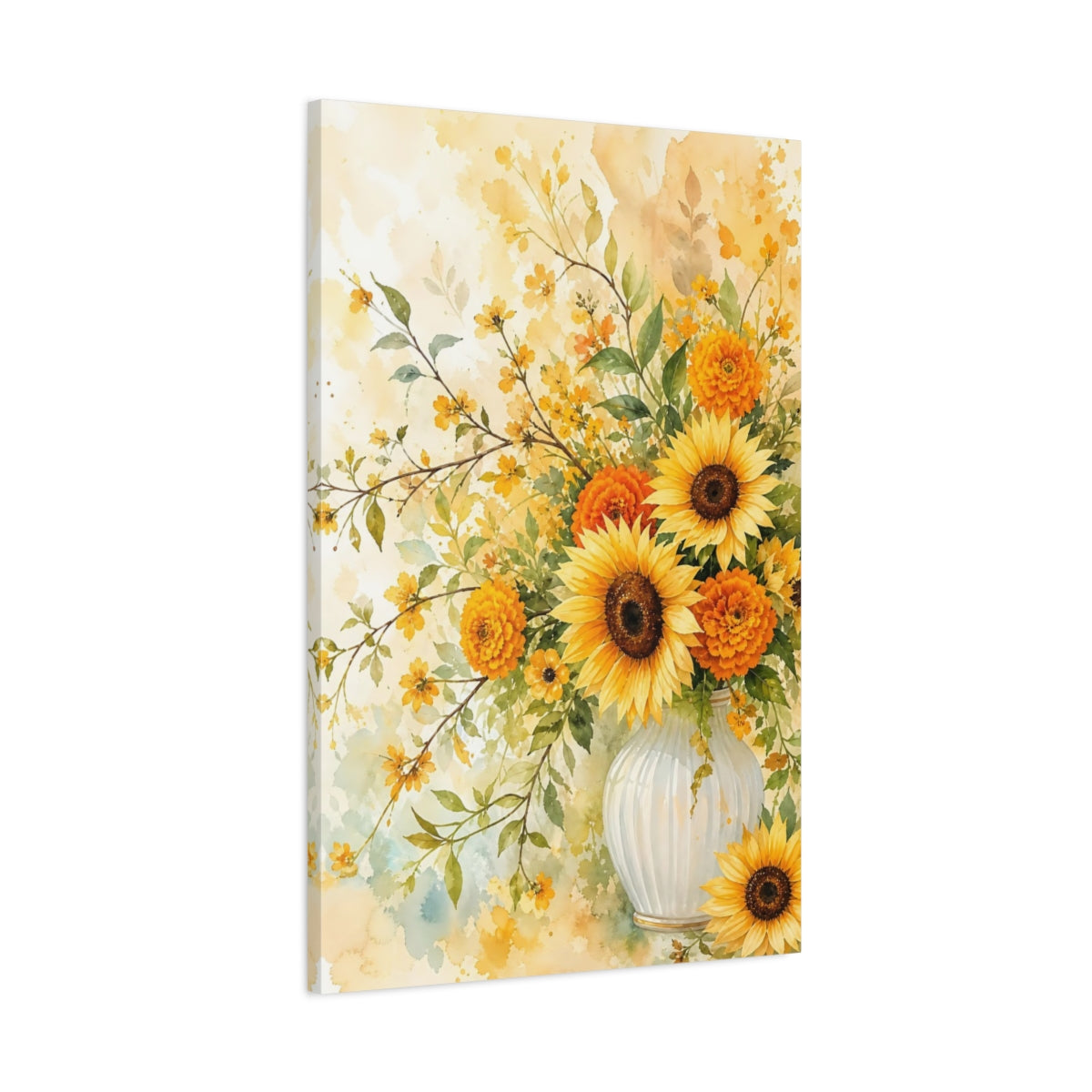 Main Mockup. Floral Sunflowers Yellow And Orange shown as stretched canvas wall art