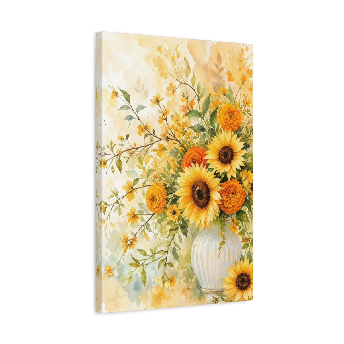 Side Mockup 3. Floral Sunflowers Yellow And Orange shown as stretched canvas wall art