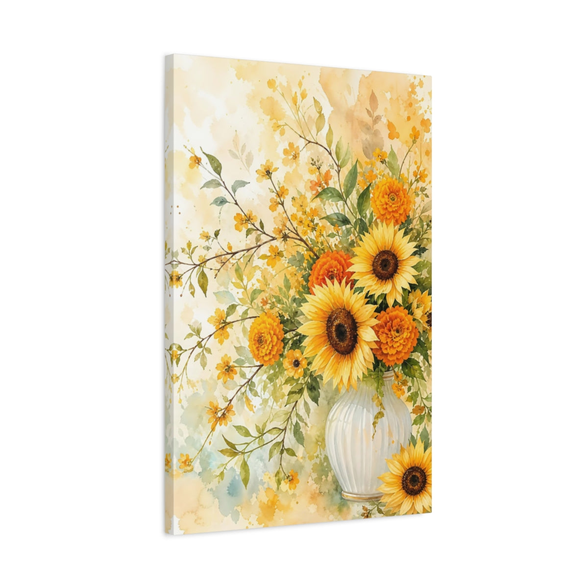 Side Mockup 2. Floral Sunflowers Yellow And Orange shown as stretched canvas wall art