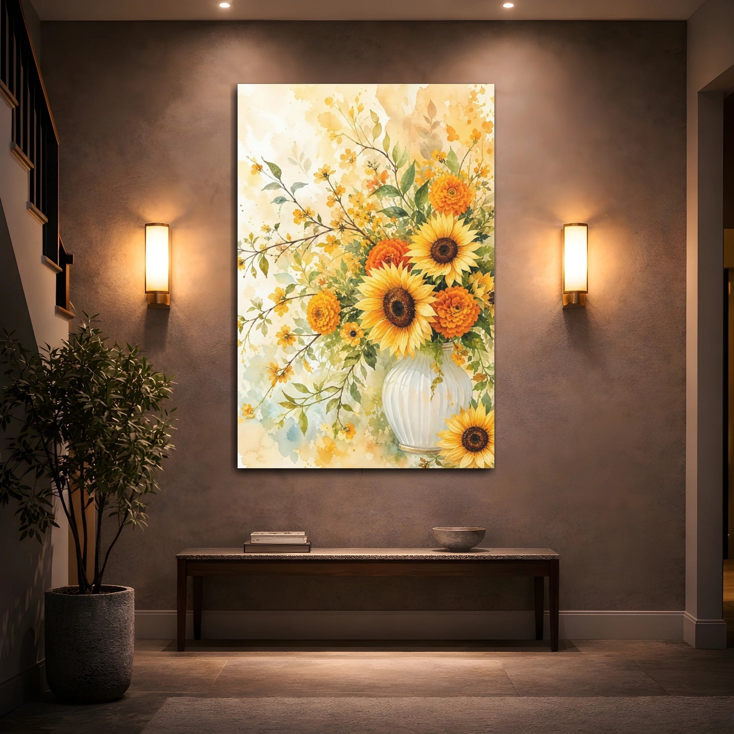 Mockup 2. Floral Sunflowers Yellow And Orange shown as stretched canvas wall art
