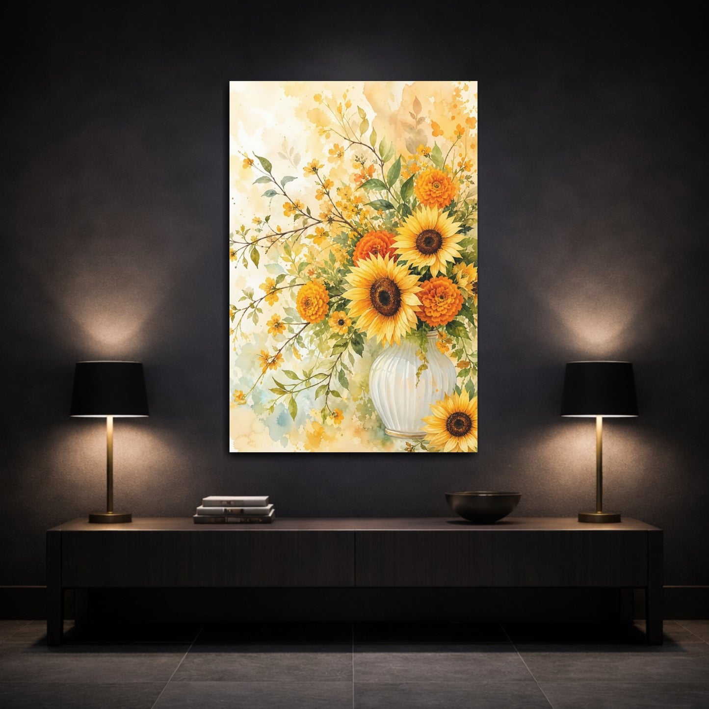 Mockup 3. Floral Sunflowers Yellow And Orange shown as stretched canvas wall art
