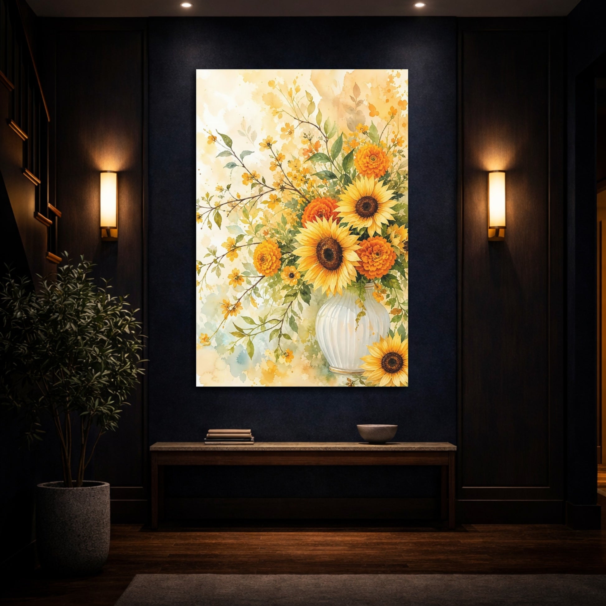 Mockup 4. Floral Sunflowers Yellow And Orange shown as stretched canvas wall art