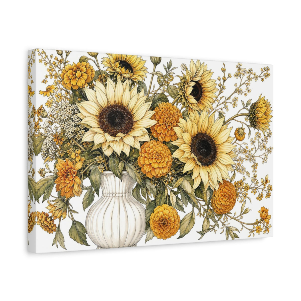 Side Mockup 4. Floral Sunflowers Yellow Floral shown as stretched canvas wall art