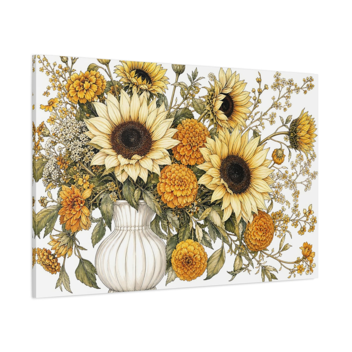Side Mockup 1. Floral Sunflowers Yellow Floral shown as stretched canvas wall art