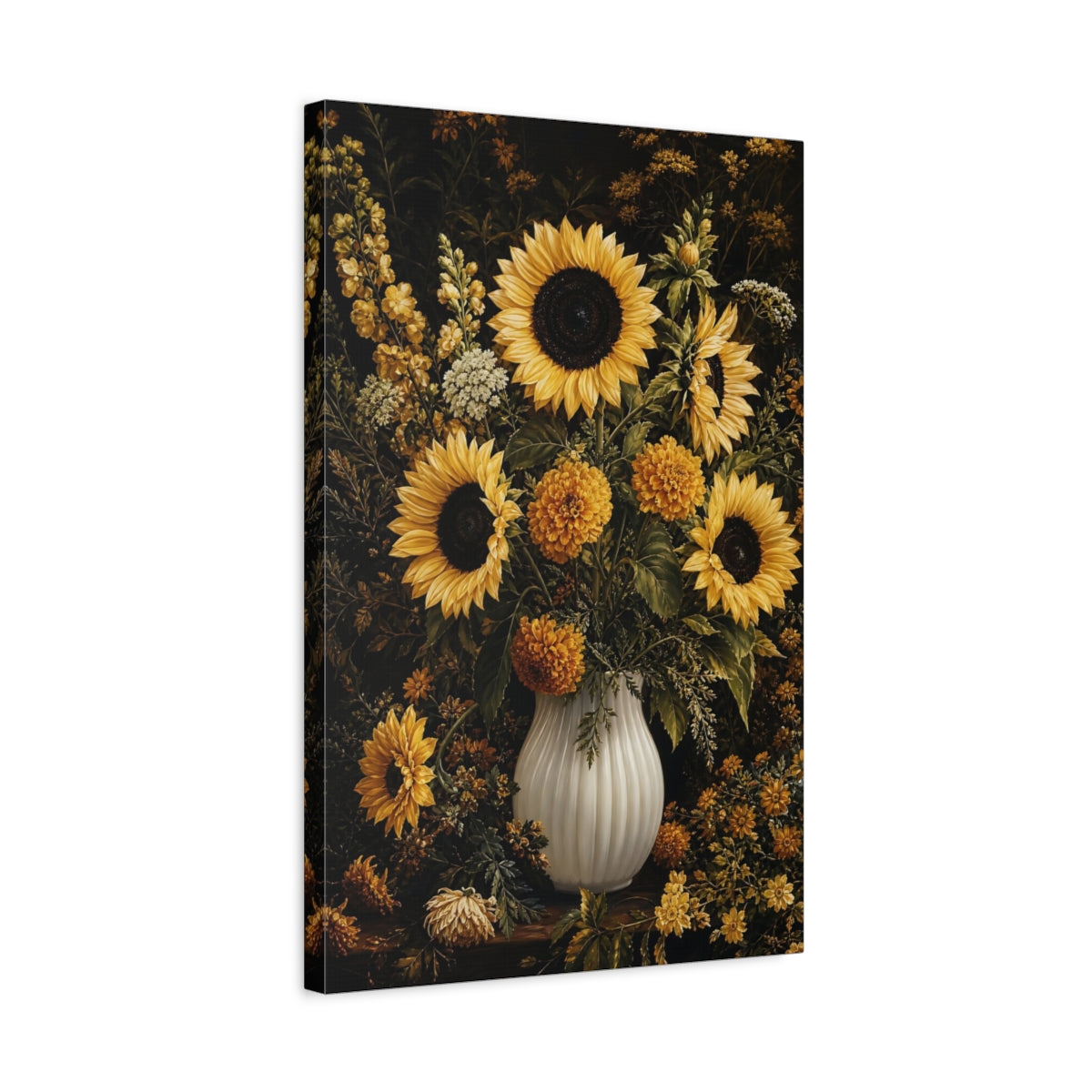 Side Mockup 3. Floral Sunflowers Yellow Floral shown as stretched canvas wall art