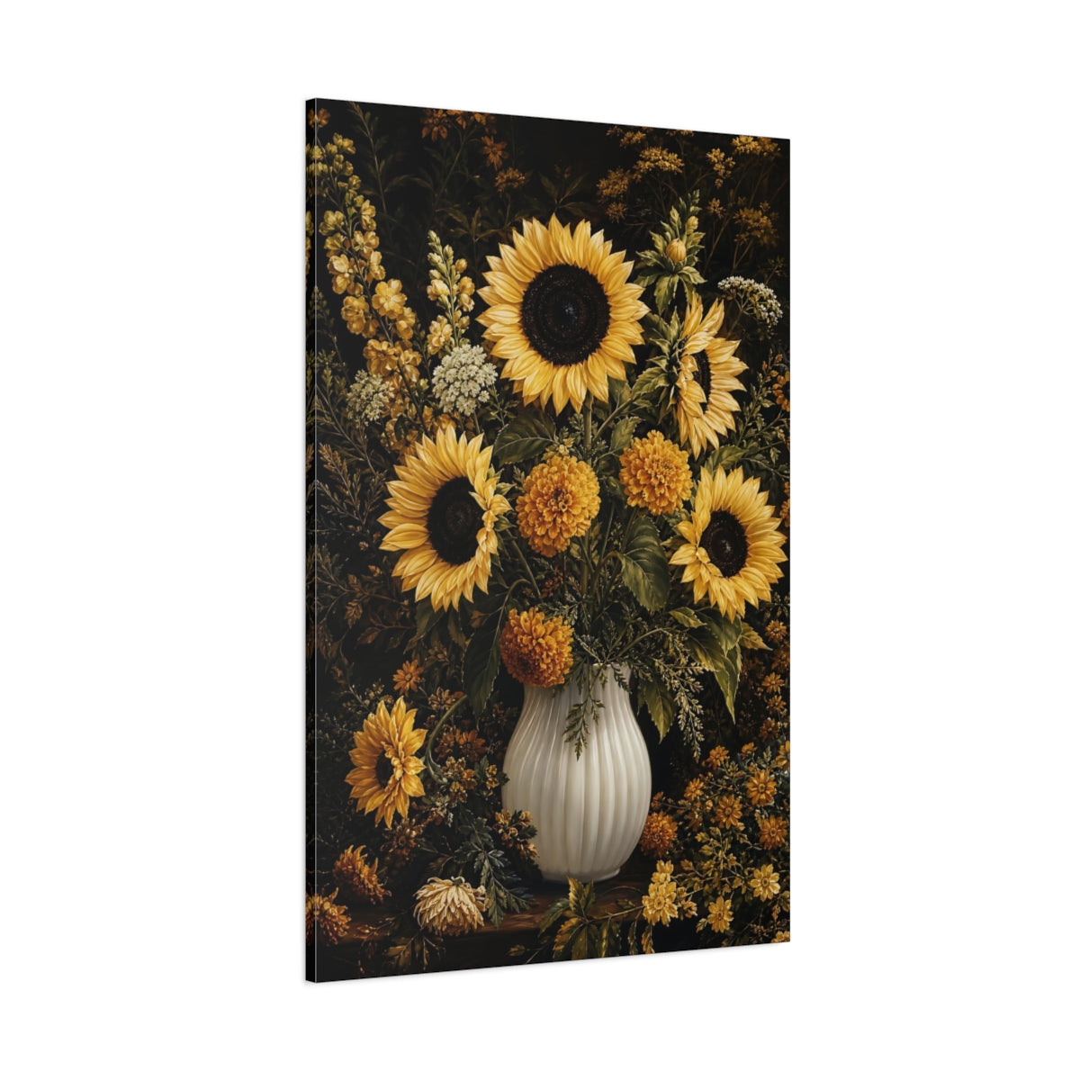 Side Mockup 1. Floral Sunflowers Yellow Floral shown as stretched canvas wall art