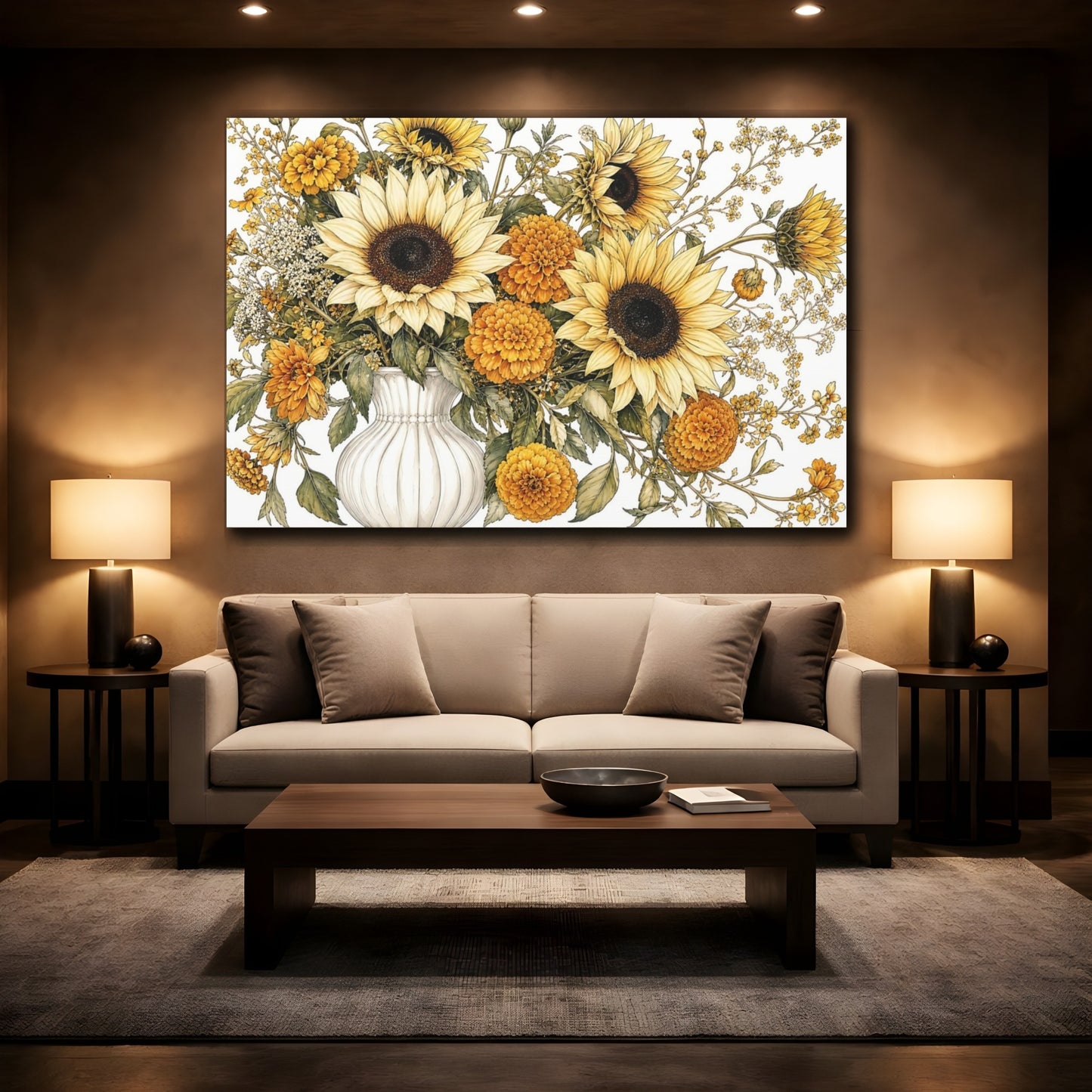 Mockup 2. Floral Sunflowers Yellow Floral shown as stretched canvas wall art