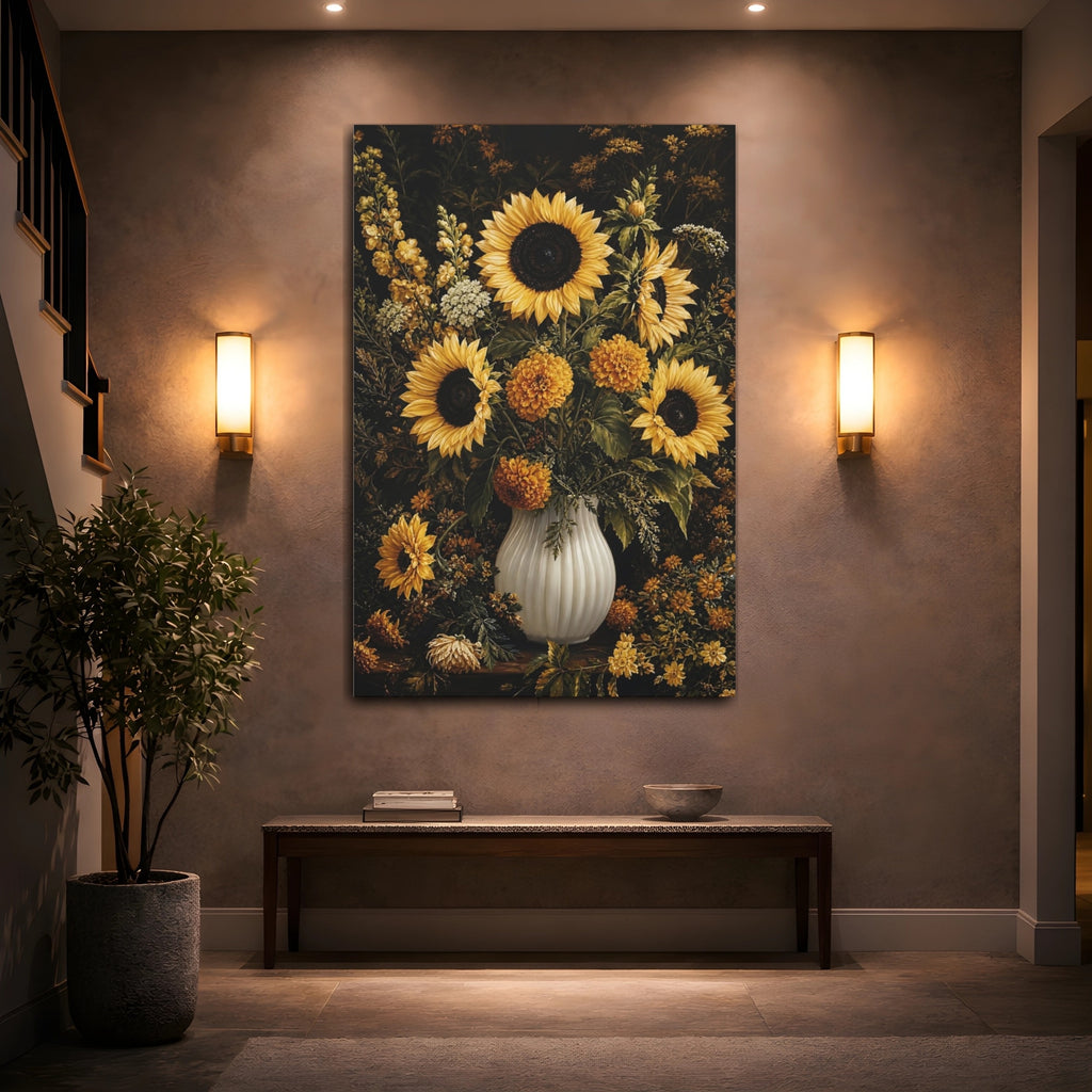Mockup 2. Floral Sunflowers Yellow Floral shown as stretched canvas wall art