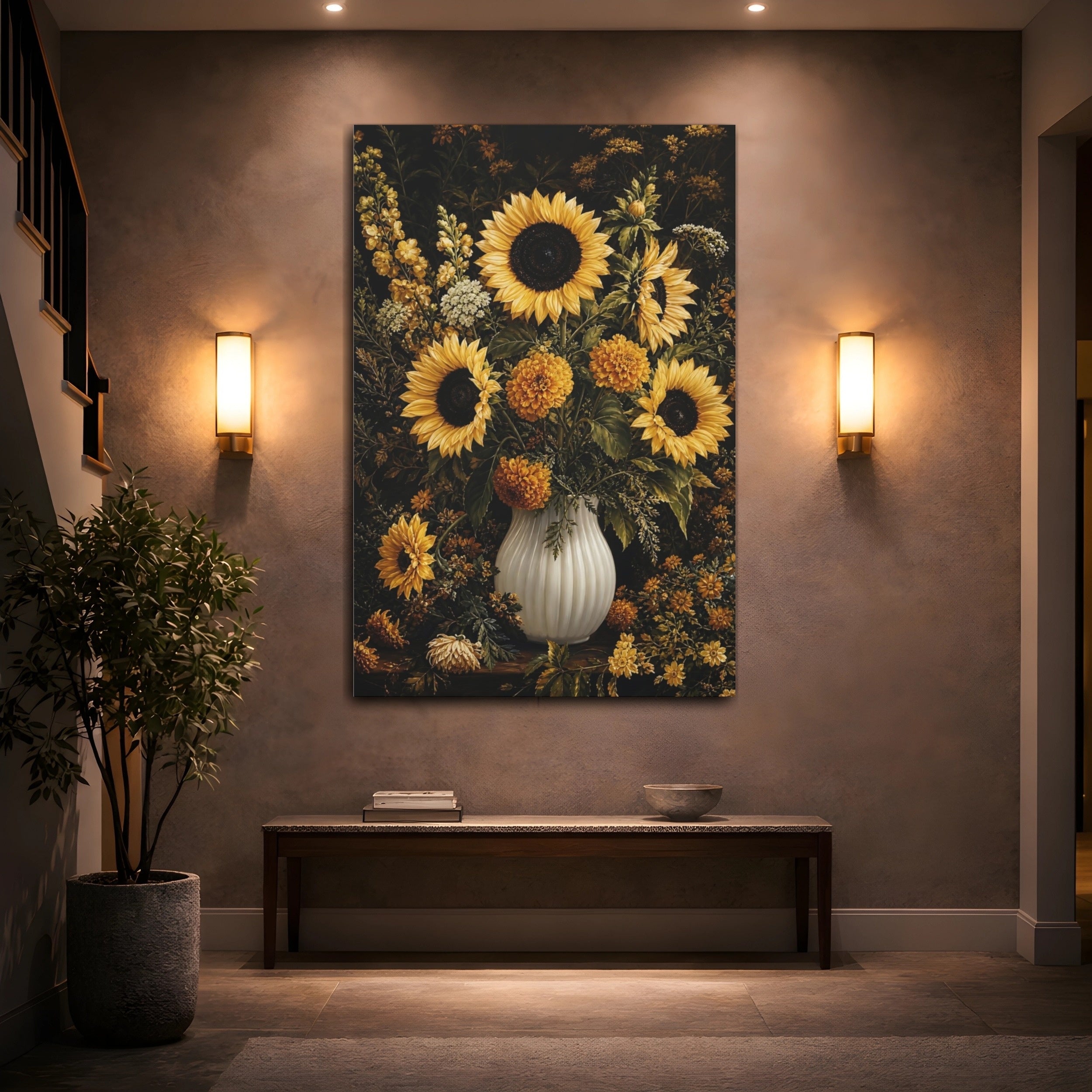 Mockup 2. Floral Sunflowers Yellow Floral shown as stretched canvas wall art