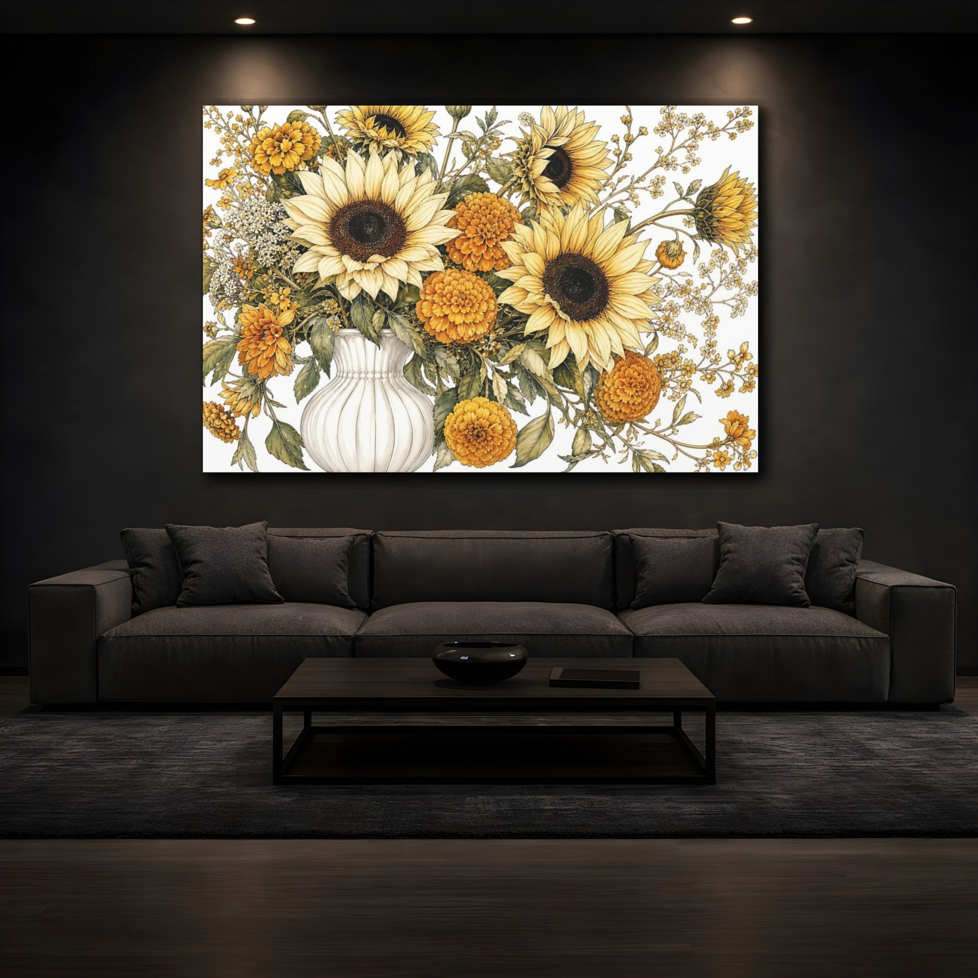 Mockup 3. Floral Sunflowers Yellow Floral shown as stretched canvas wall art