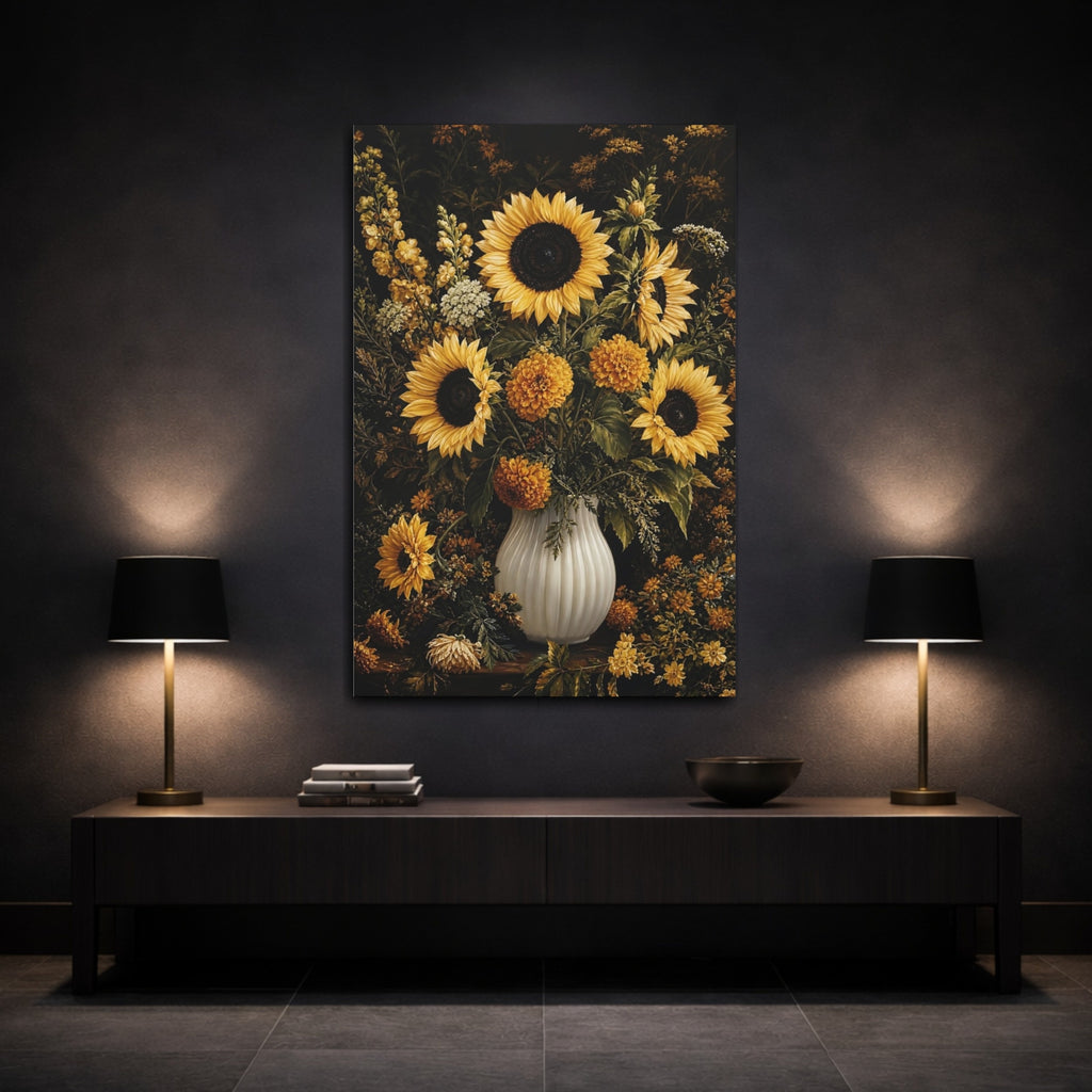 Mockup 3. Floral Sunflowers Yellow Floral shown as stretched canvas wall art