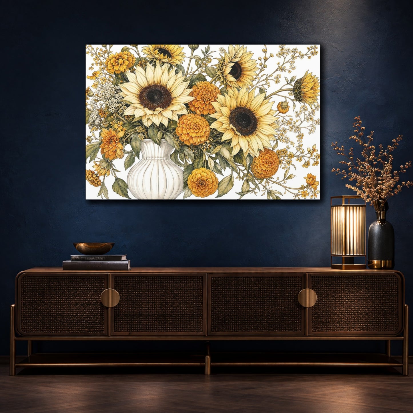 Mockup 4. Floral Sunflowers Yellow Floral shown as stretched canvas wall art