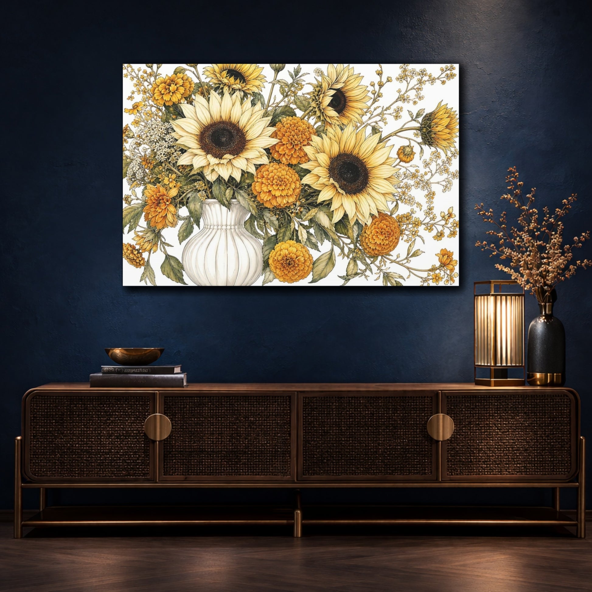 Mockup 4. Floral Sunflowers Yellow Floral shown as stretched canvas wall art