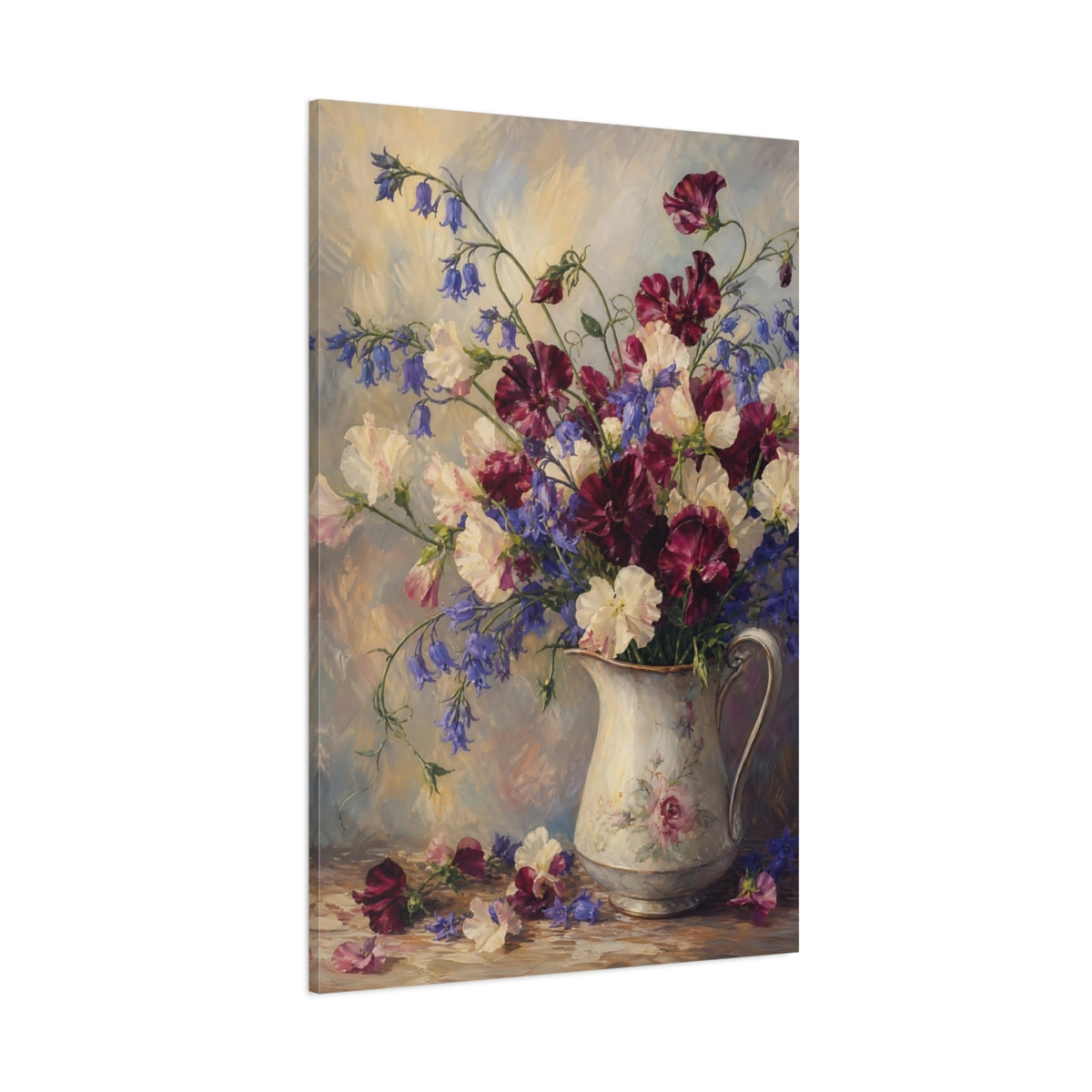 Side Mockup 1. Floral Sweet Peas Sweet Peas Bluebells shown as stretched canvas wall art