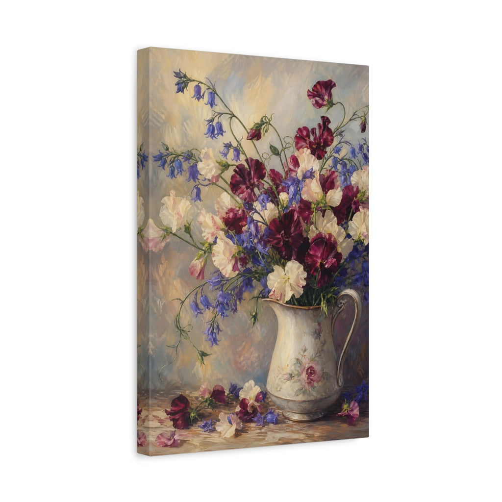 Side Mockup 4. Floral Sweet Peas Sweet Peas Bluebells shown as stretched canvas wall art