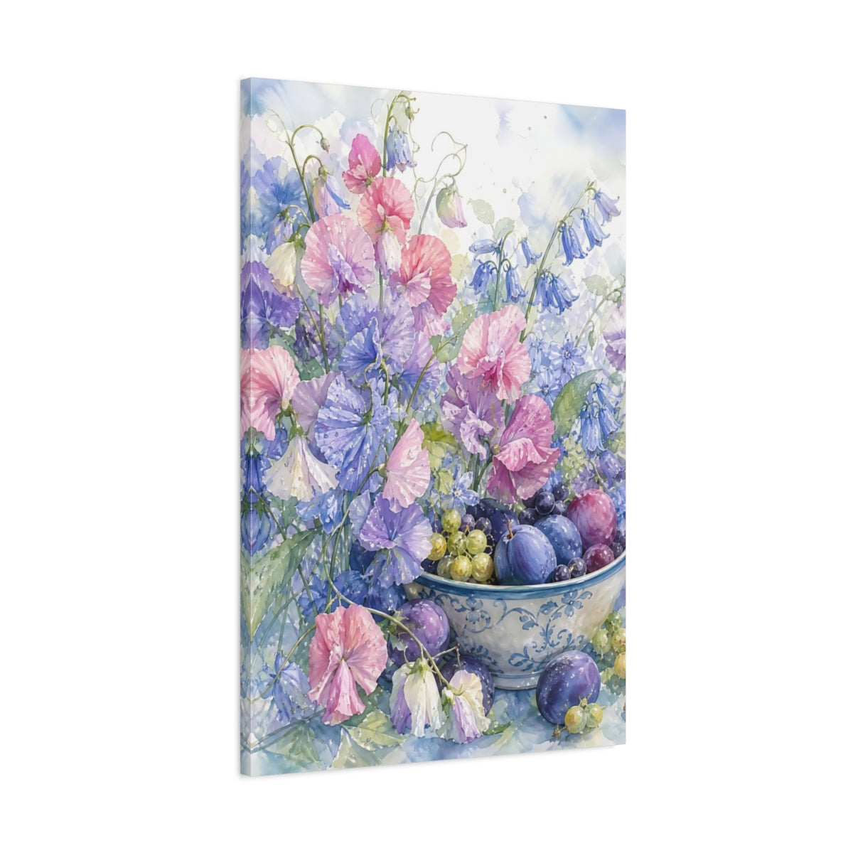 Main Mockup. Floral Sweet Peas Pastel Floral Still Life shown as stretched canvas wall art