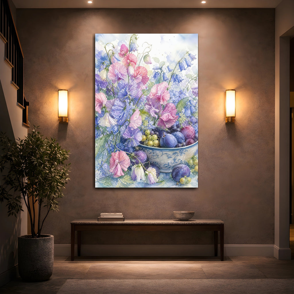 Mockup 2. Floral Sweet Peas Pastel Floral Still Life shown as stretched canvas wall art