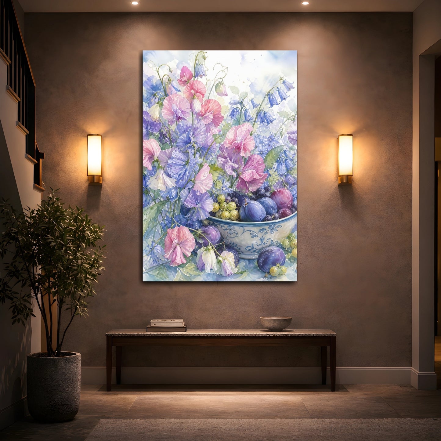 Mockup 2. Floral Sweet Peas Pastel Floral Still Life shown as stretched canvas wall art