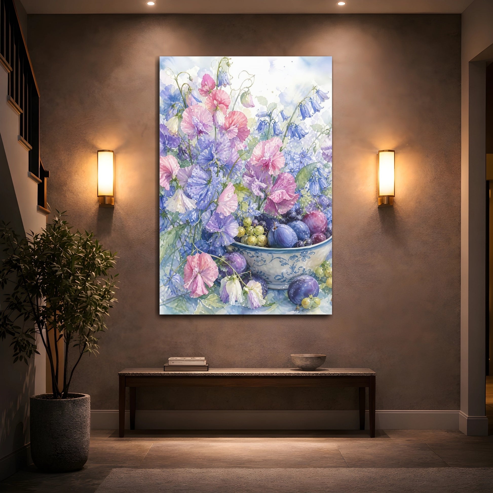Mockup 2. Floral Sweet Peas Pastel Floral Still Life shown as stretched canvas wall art