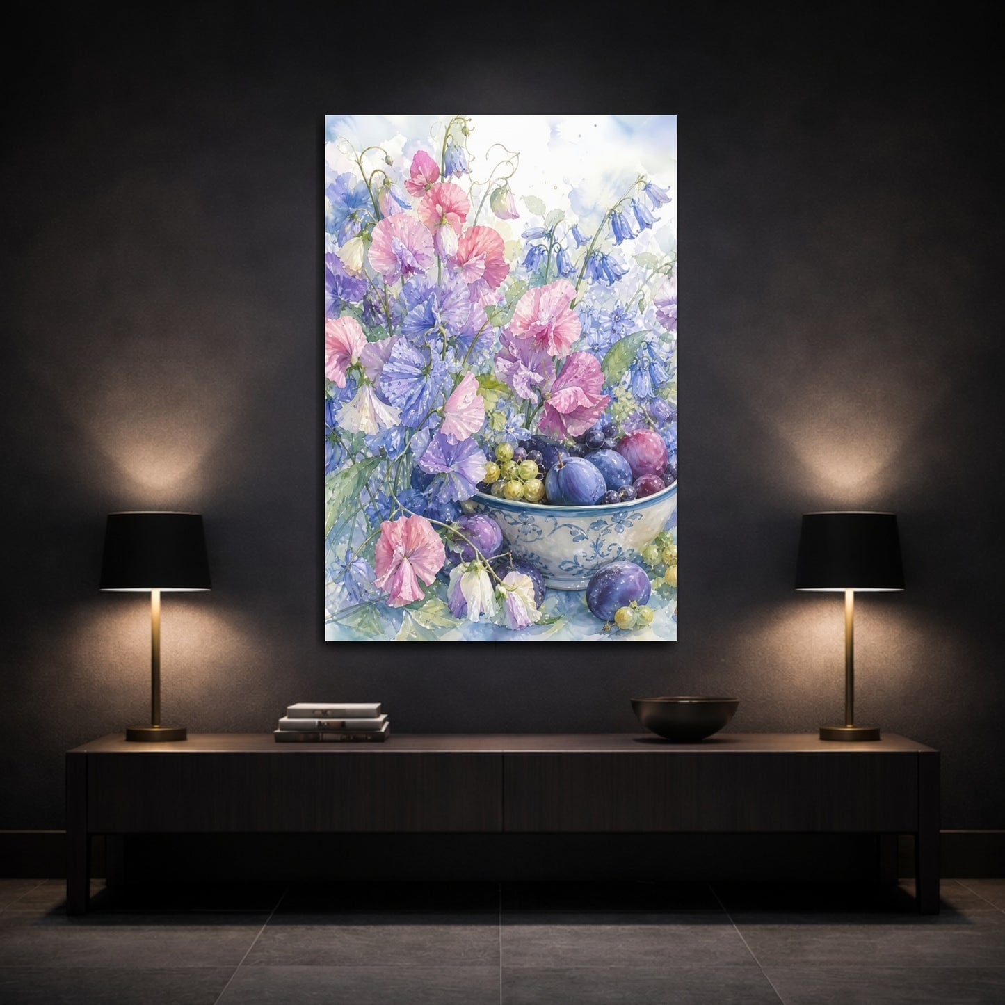 Mockup 3. Floral Sweet Peas Pastel Floral Still Life shown as stretched canvas wall art