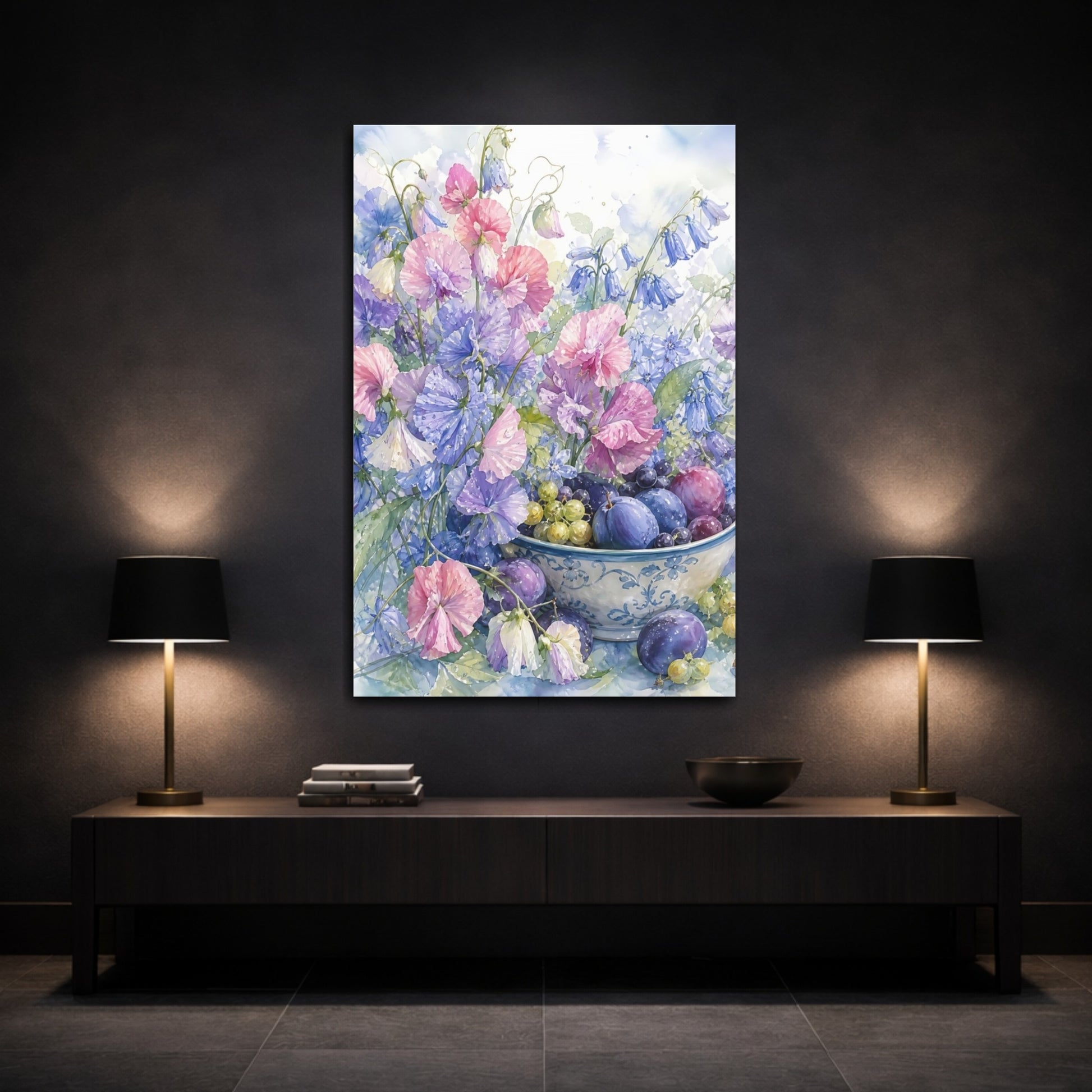 Mockup 3. Floral Sweet Peas Pastel Floral Still Life shown as stretched canvas wall art
