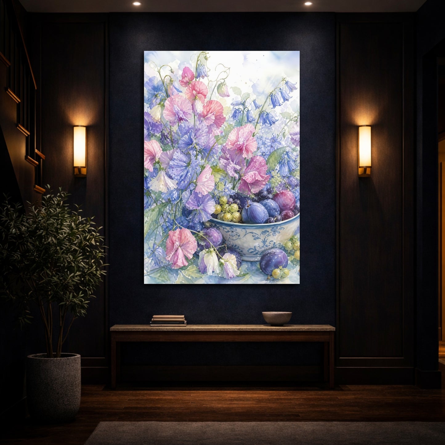Mockup 4. Floral Sweet Peas Pastel Floral Still Life shown as stretched canvas wall art