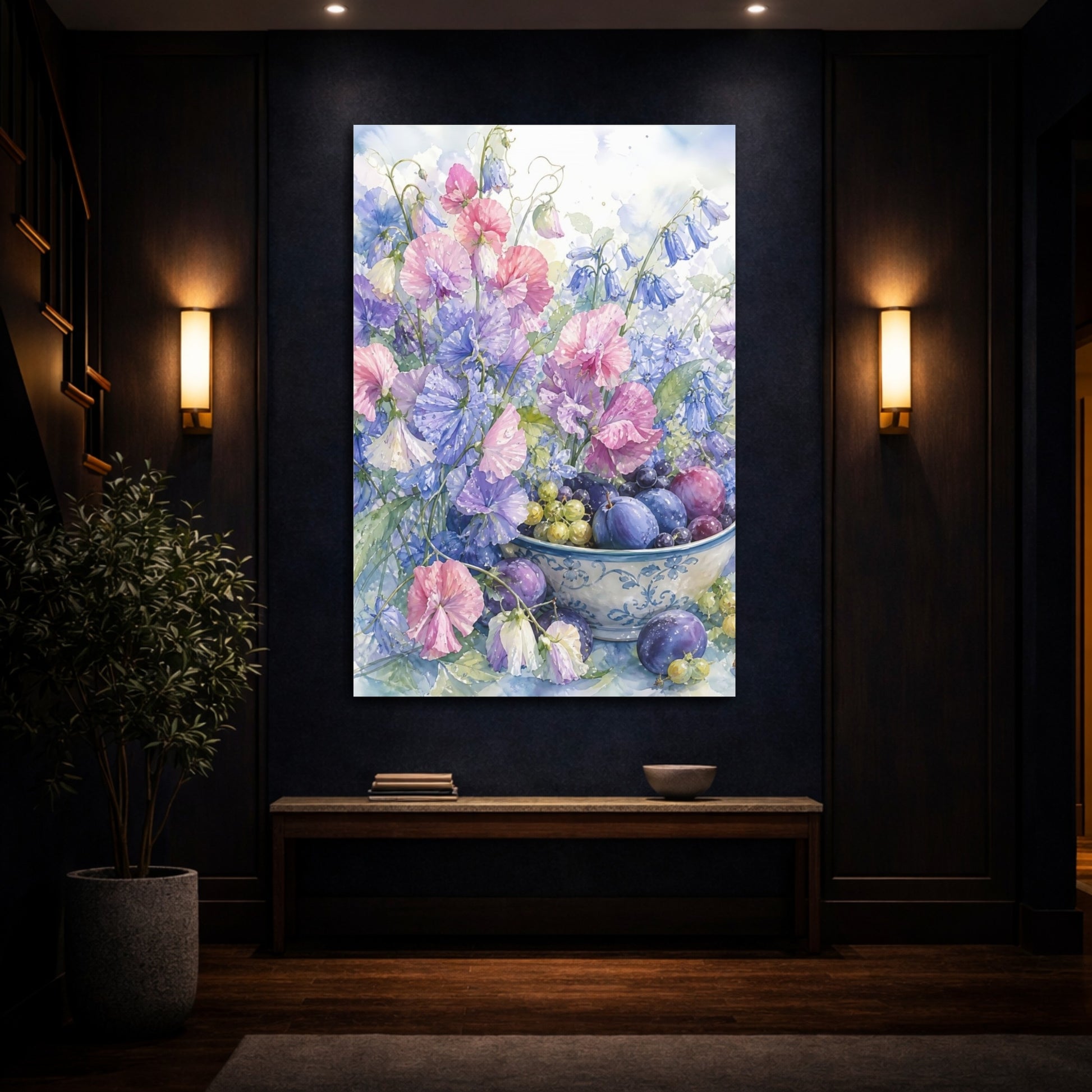 Mockup 4. Floral Sweet Peas Pastel Floral Still Life shown as stretched canvas wall art