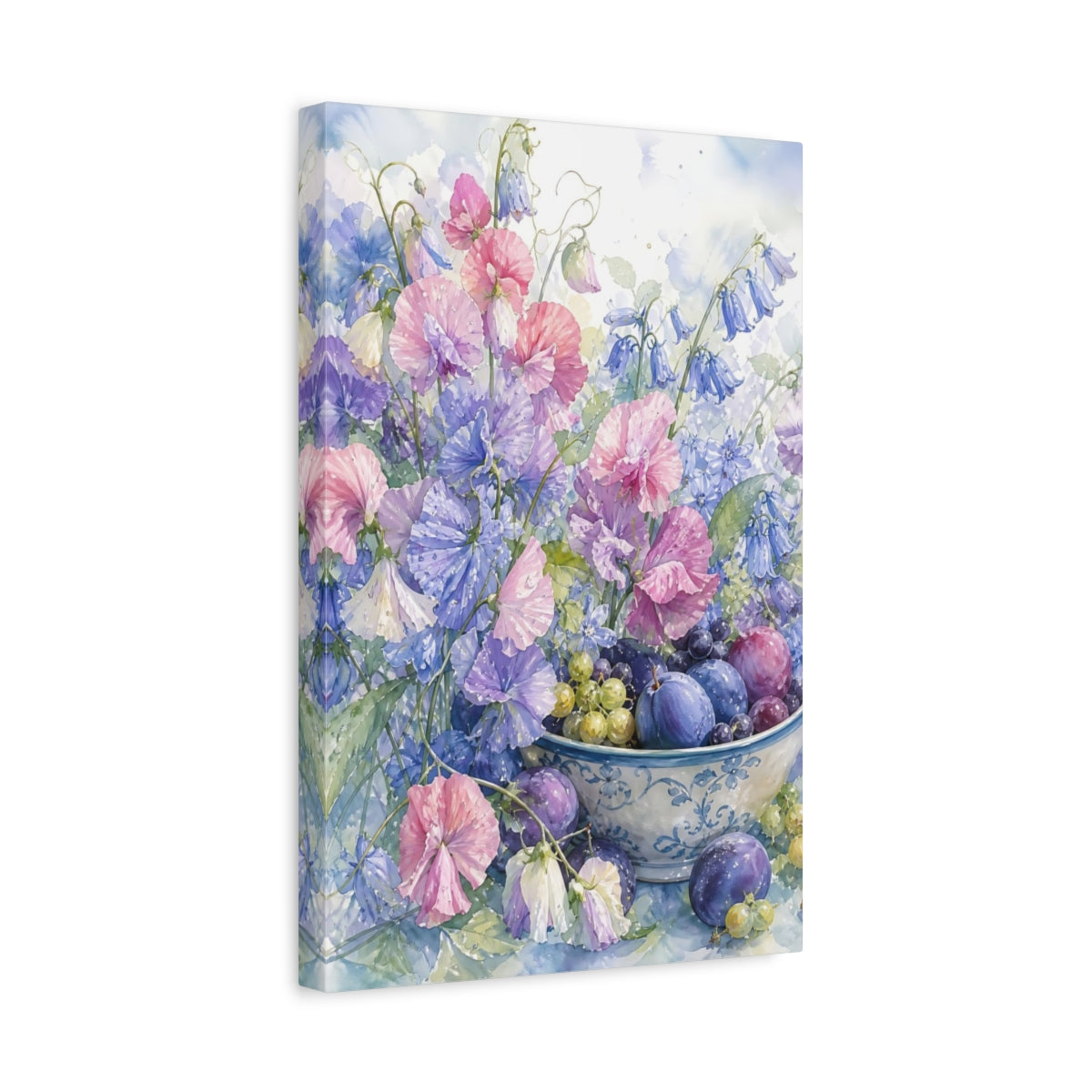 Side Mockup 4. Floral Sweet Peas Pastel Floral Still Life shown as stretched canvas wall art