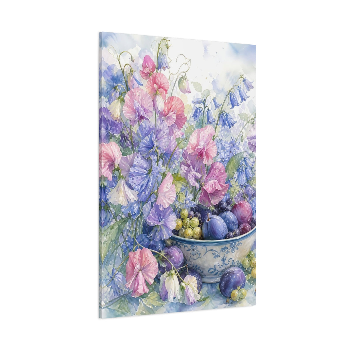 Side Mockup 1. Floral Sweet Peas Pastel Floral Still Life shown as stretched canvas wall art