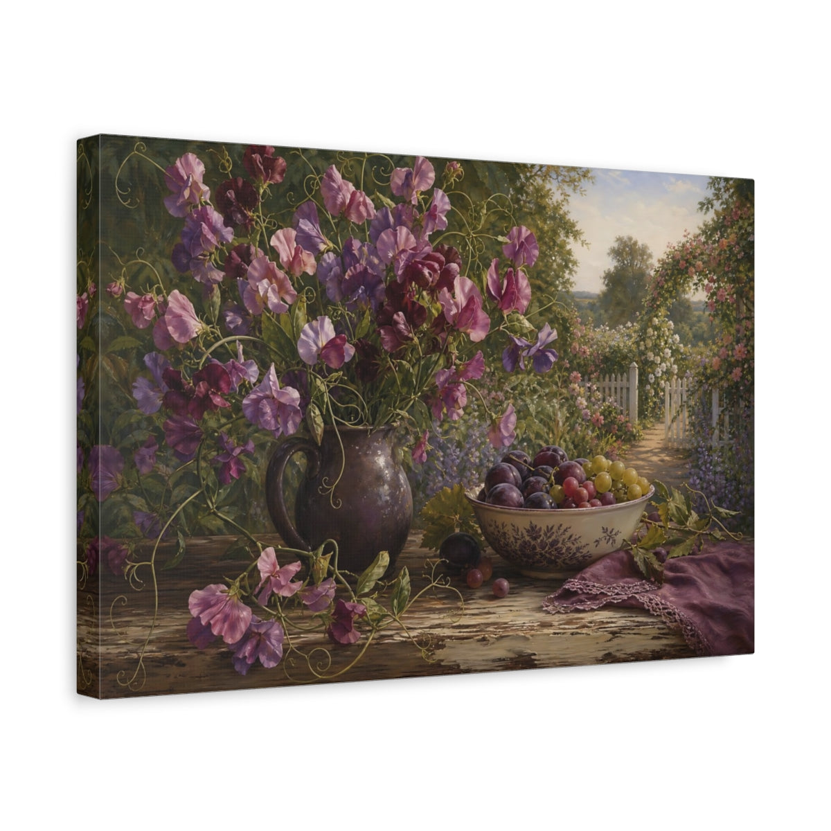 Side Mockup 4. Floral Sweet Peas Purple Floral shown as stretched canvas wall art